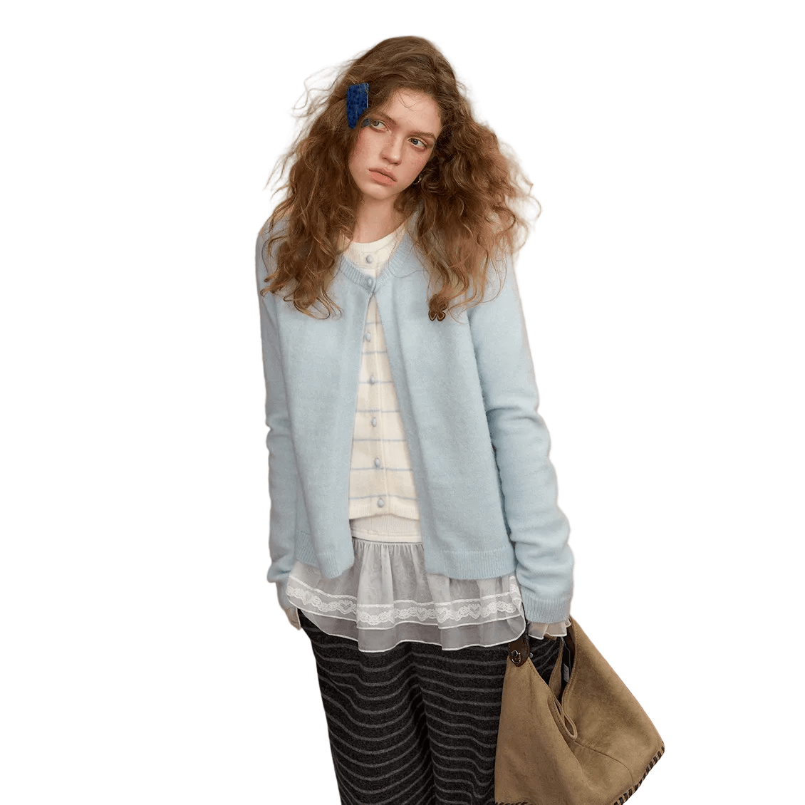 SOMESOWE Fleece - feel Faux Two - piece Color - blocked Striped Cardigan In Blue | MADAX