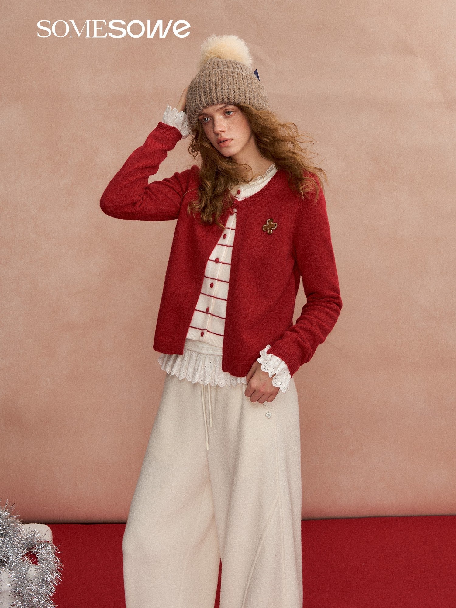 SOMESOWE Fleece - feel Faux Two - piece Color - blocked Striped Cardigan In Red | MADAX