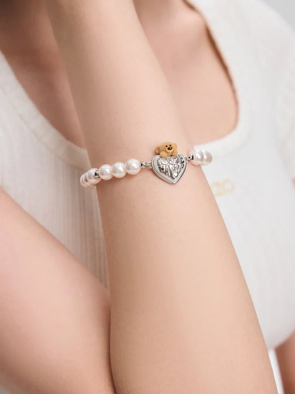 13DE MARZO Flocked Bear Heart Pearl Bracelet in Silver | MADAX