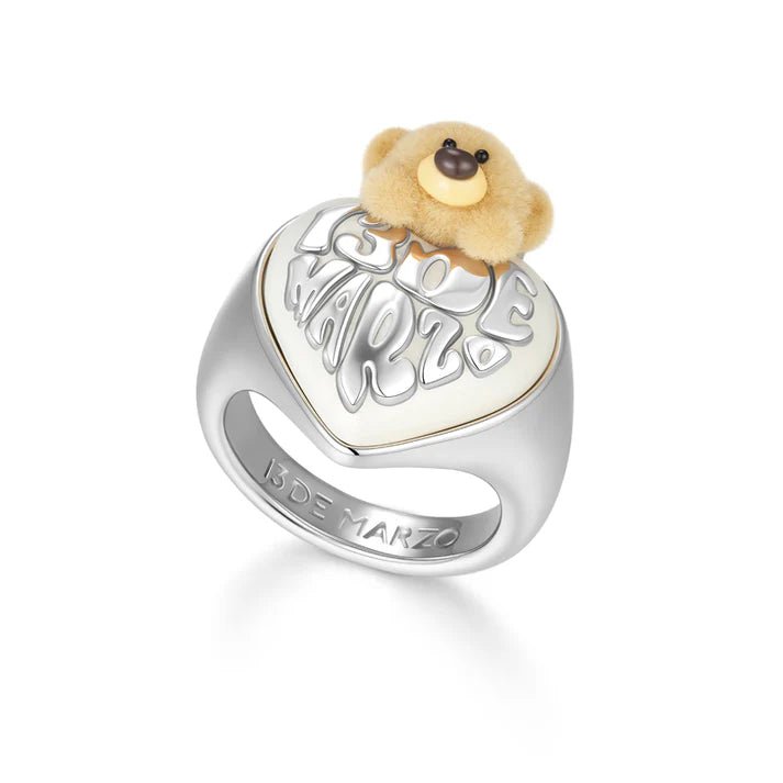 13DE MARZO Flocked Bear Heart Pearl Ring in Silver | MADAX
