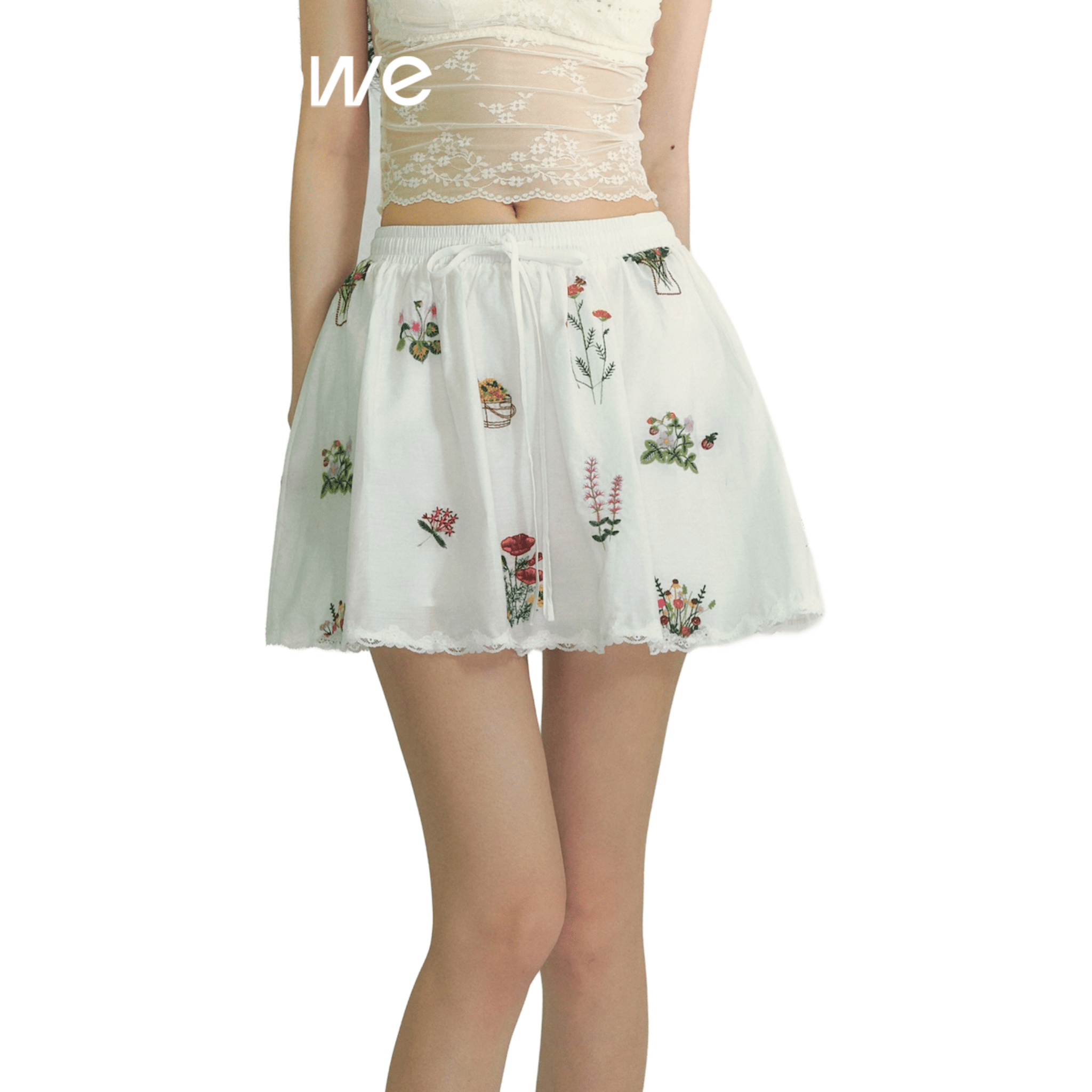 SOMESOWE Floral Embroidered Lace Patchwork Short Skirt in White | MADAX