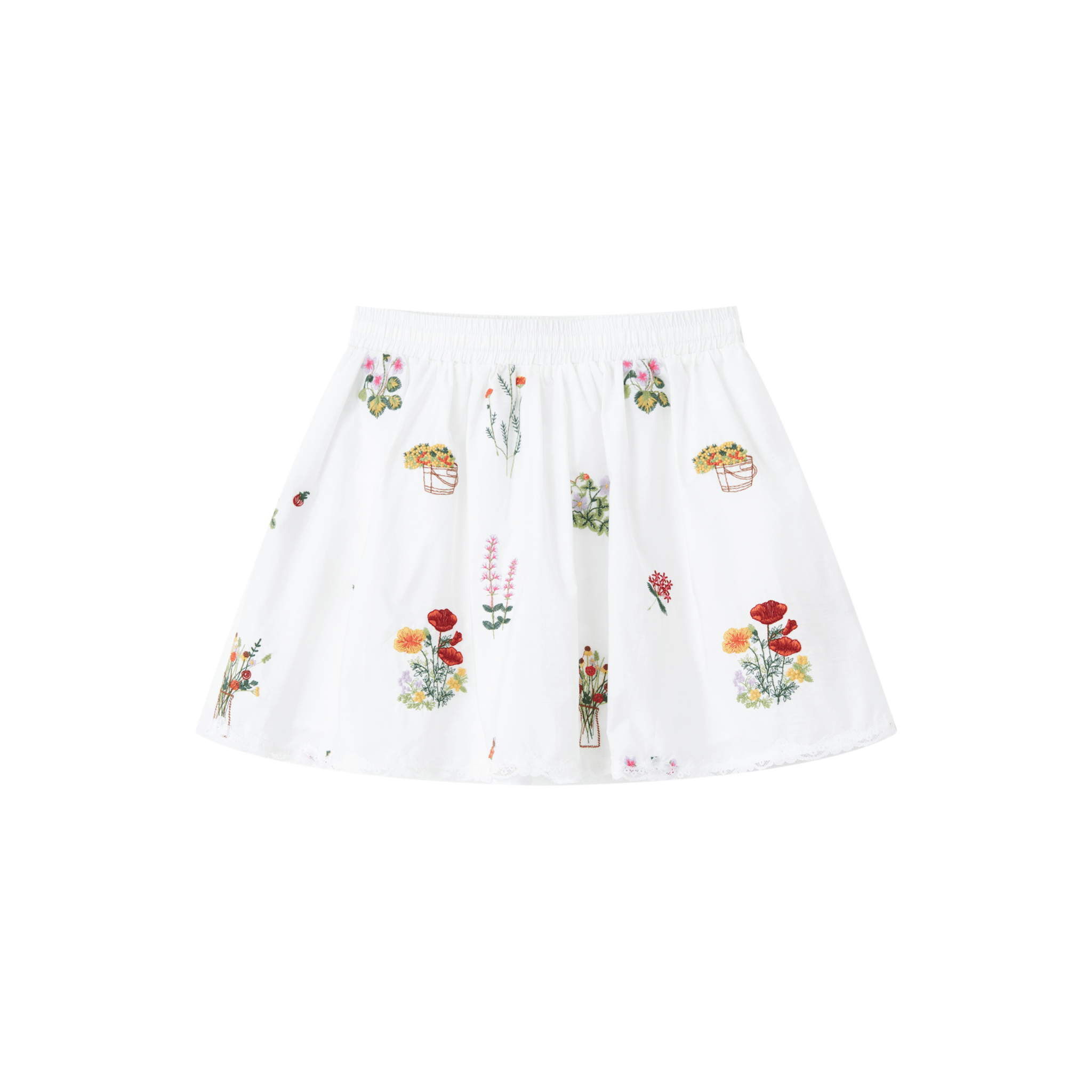 SOMESOWE Floral Embroidered Lace Patchwork Short Skirt in White | MADAX