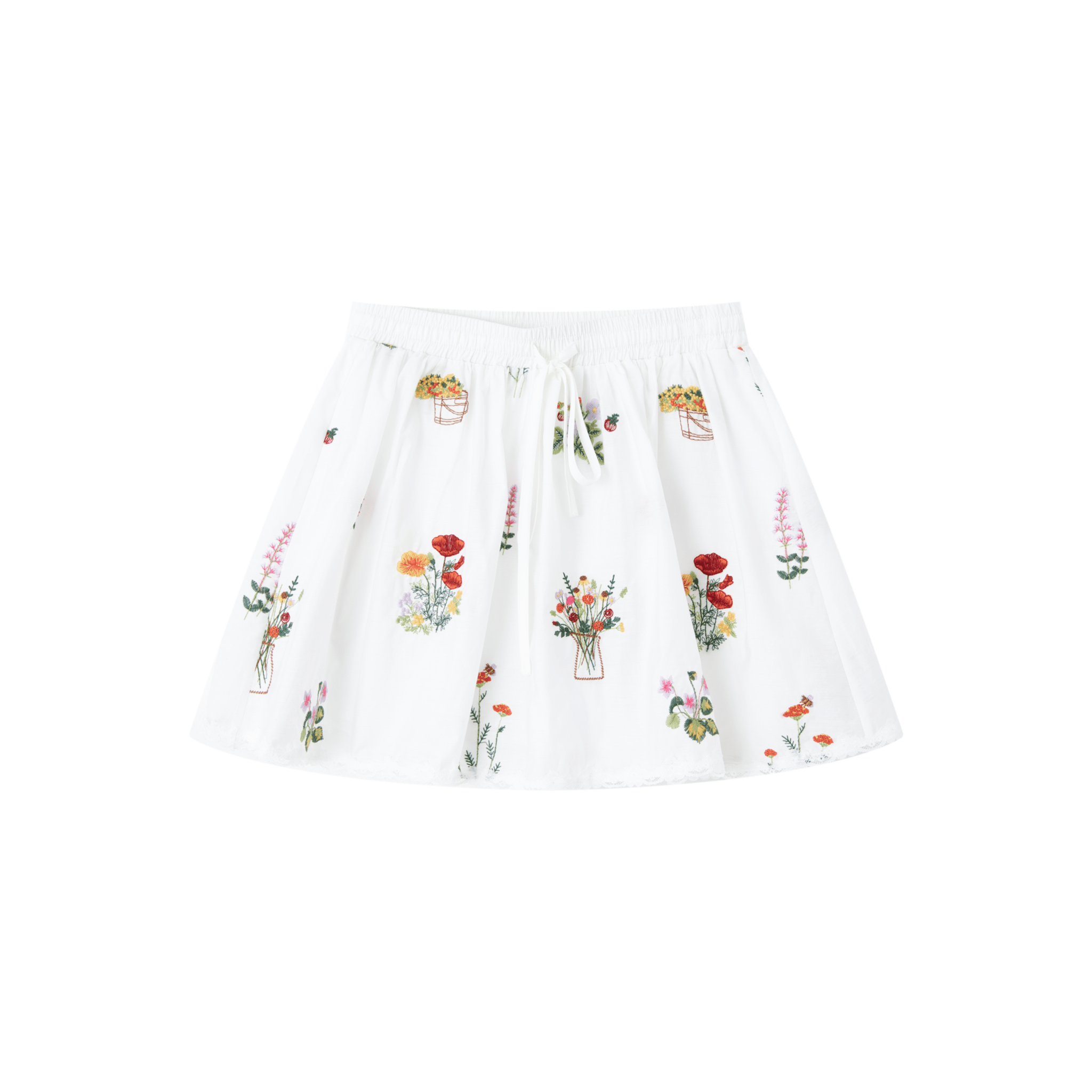 SOMESOWE Floral Embroidered Lace Patchwork Short Skirt in White | MADAX