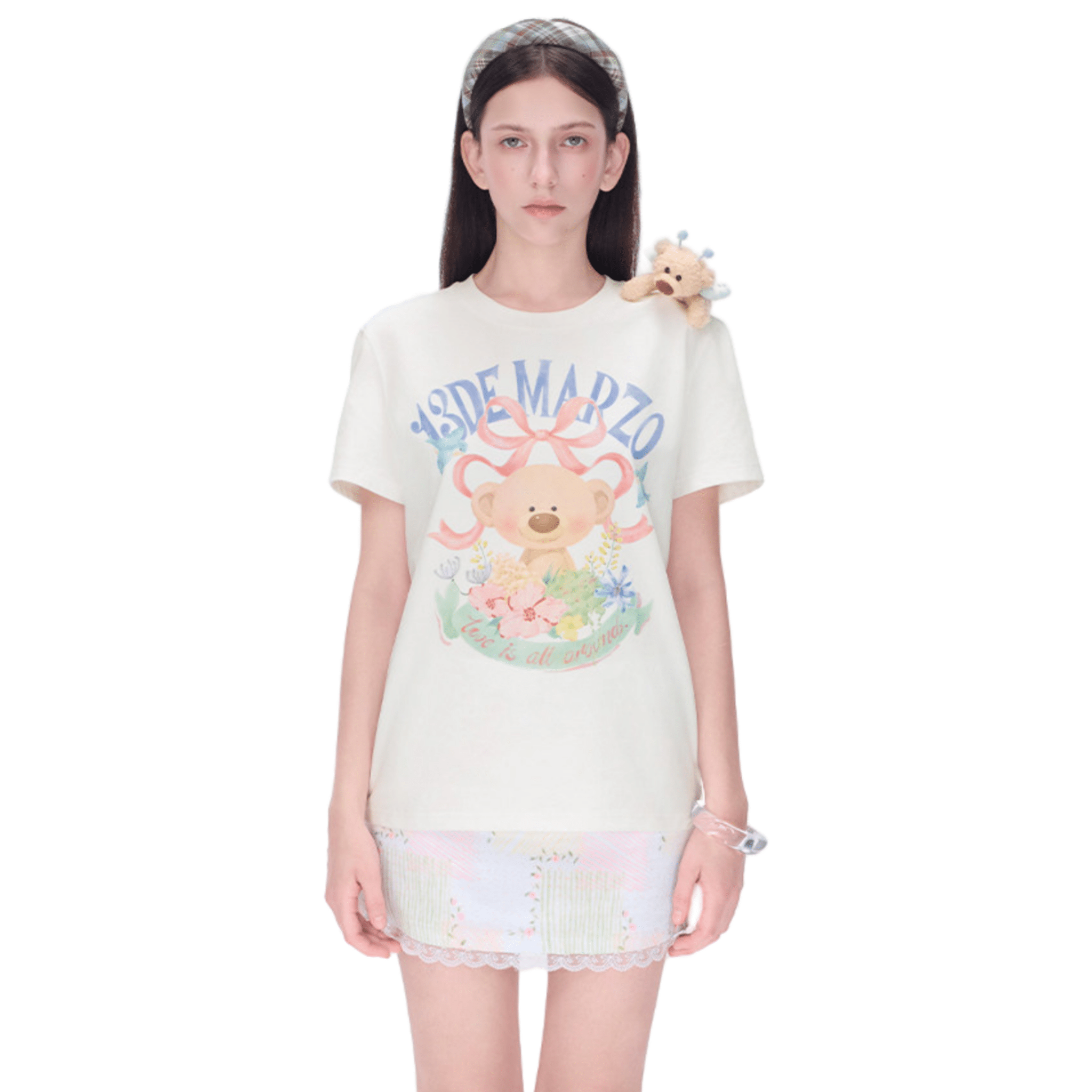 13DE MARZO Floral Illustration Short - Sleeve T-Shirt in White | MADAX