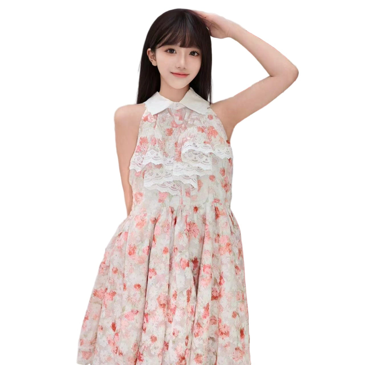 AIMME SPARROW Floral Lace Shirt Collar Sleeveless Dress In Pink | MADAX