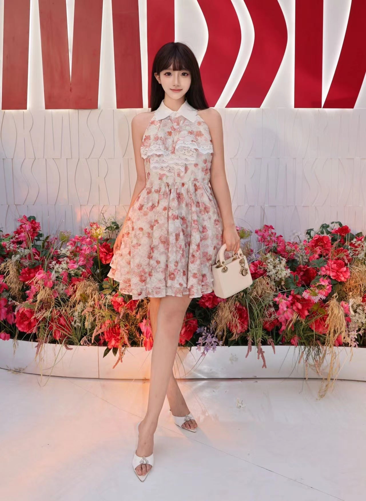 AIMME SPARROW Floral Lace Shirt Collar Sleeveless Dress In Pink | MADAX