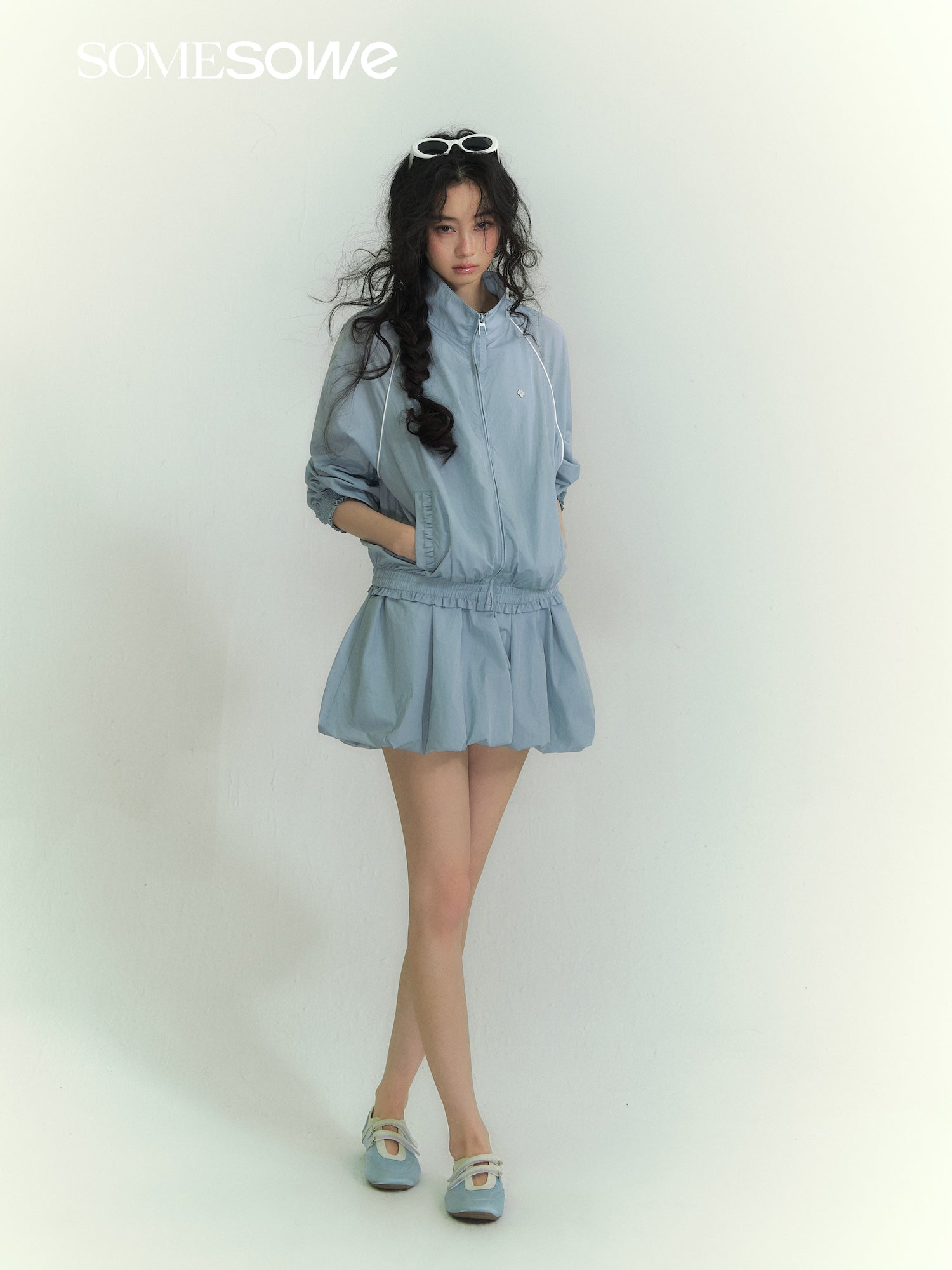 SOMESOWE Floral Patchwork Stand Collar Casual Jacket In Light Blue | MADAX