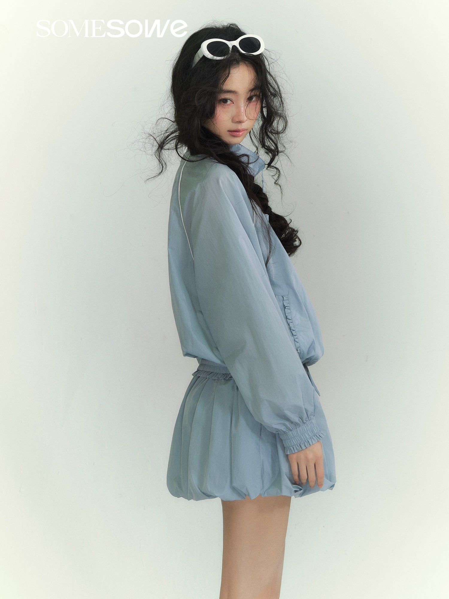 SOMESOWE Floral Patchwork Stand Collar Casual Jacket In Light Blue | MADAX