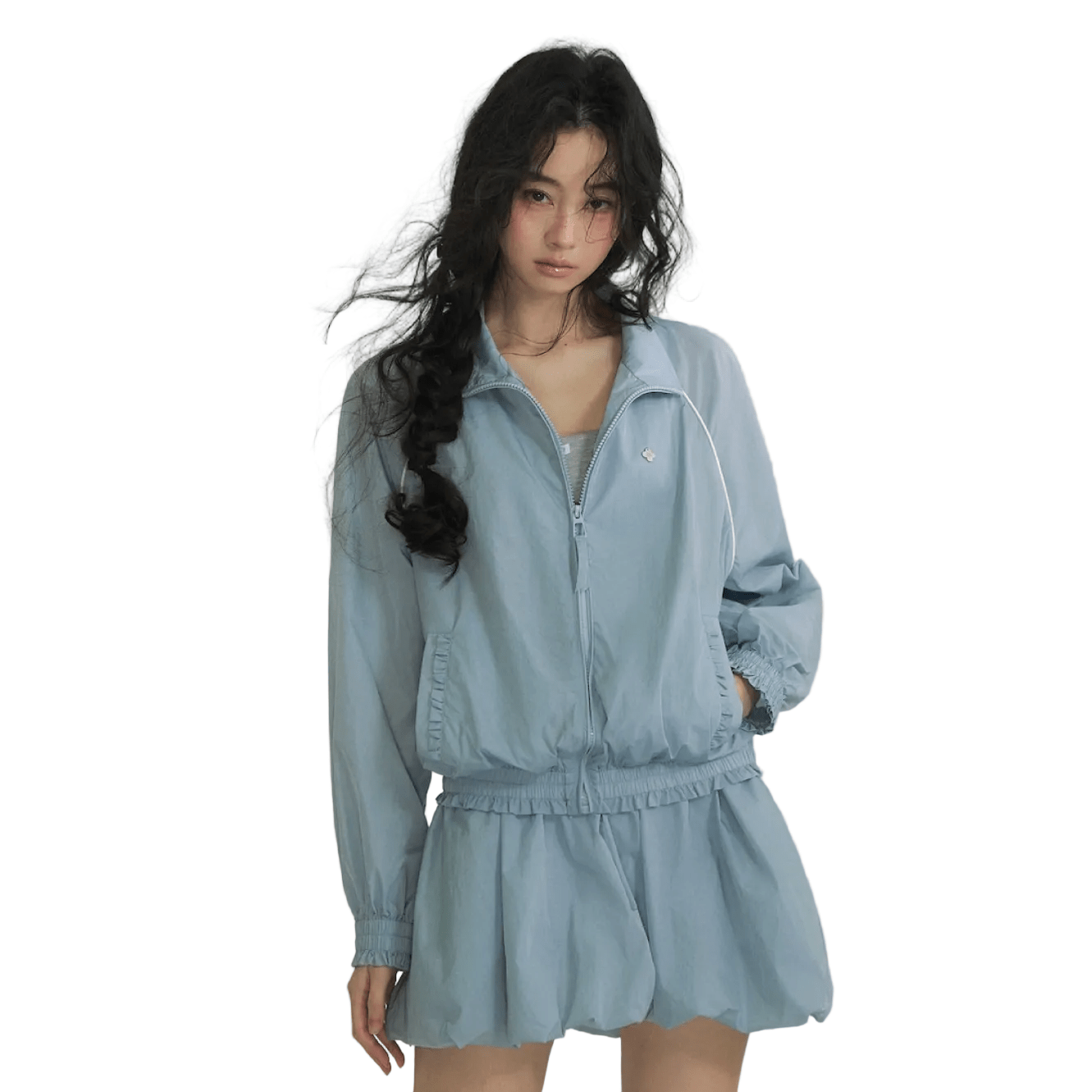 SOMESOWE Floral Patchwork Stand Collar Casual Jacket In Light Blue | MADAX