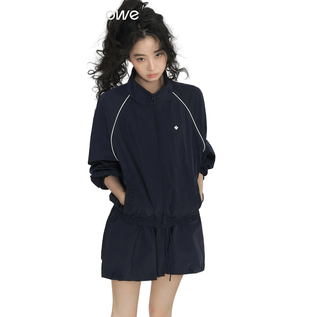 SOMESOWE Floral Patchwork Stand Collar Casual Jacket In Navy Blue | MADAX