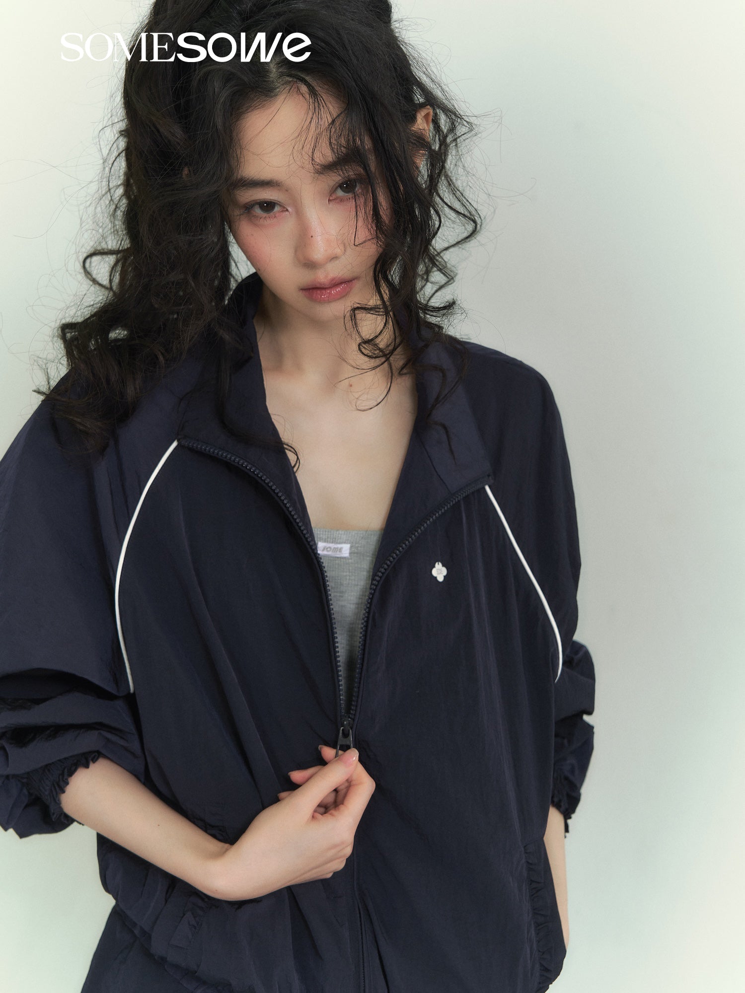 SOMESOWE Floral Patchwork Stand Collar Casual Jacket In Navy Blue | MADAX