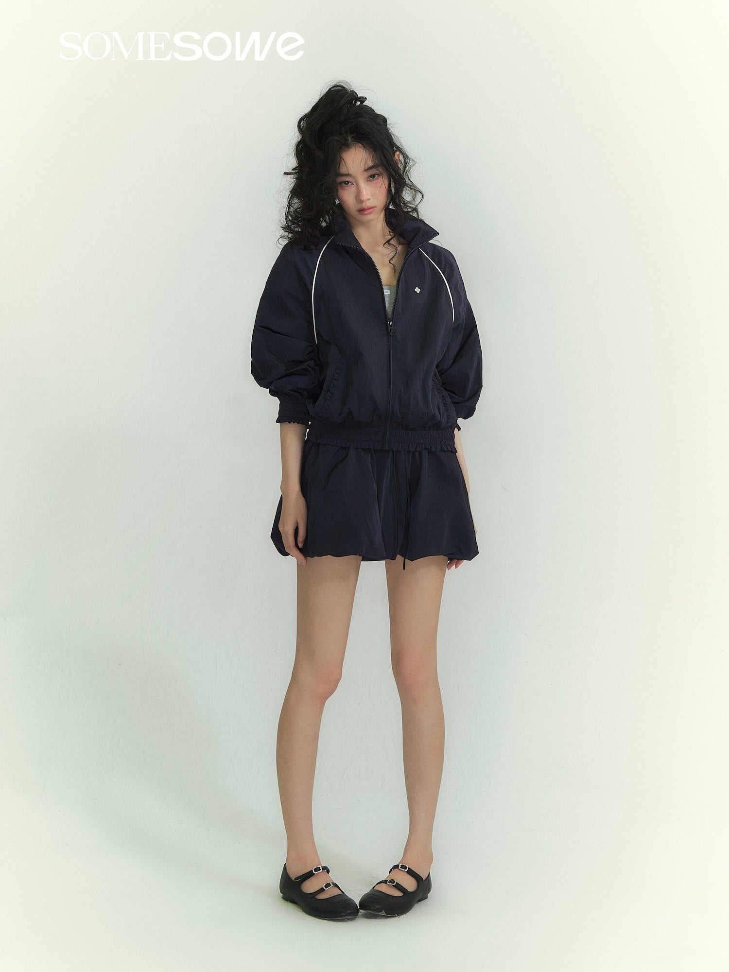 SOMESOWE Floral Patchwork Stand Collar Casual Jacket In Navy Blue | MADAX