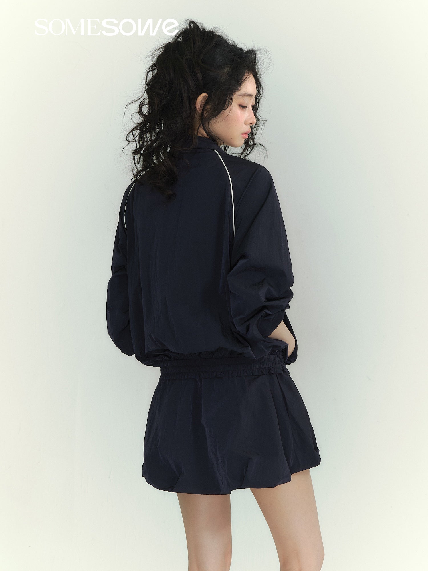 SOMESOWE Floral Patchwork Stand Collar Casual Jacket In Navy Blue | MADAX