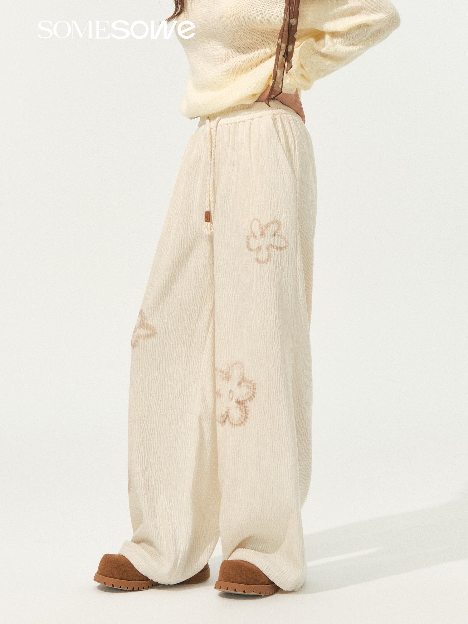 SOMESOWE Floral Pleated Lace - up Casual Pants In Beige | MADAX