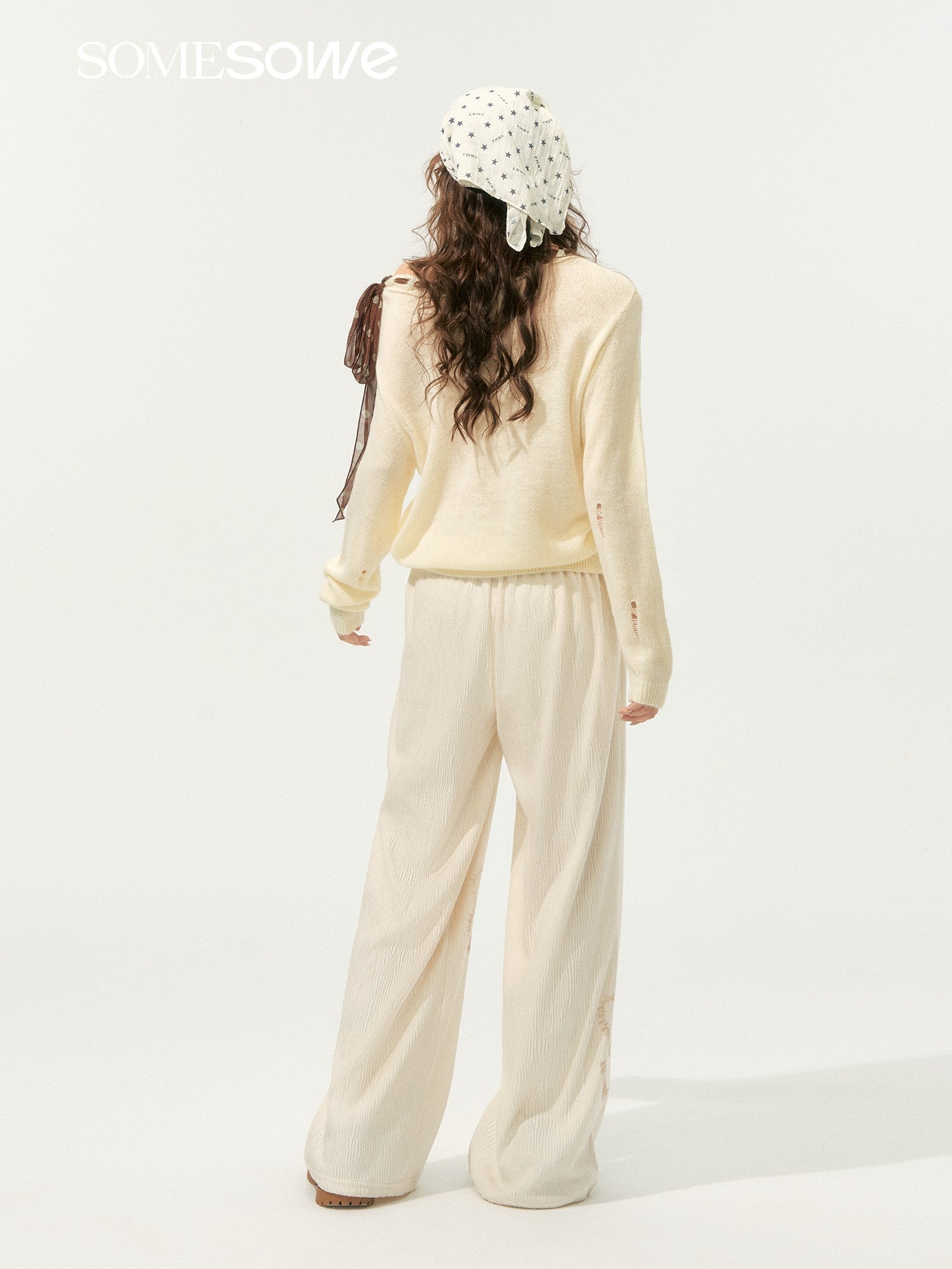 SOMESOWE Floral Pleated Lace - up Casual Pants In Beige | MADAX