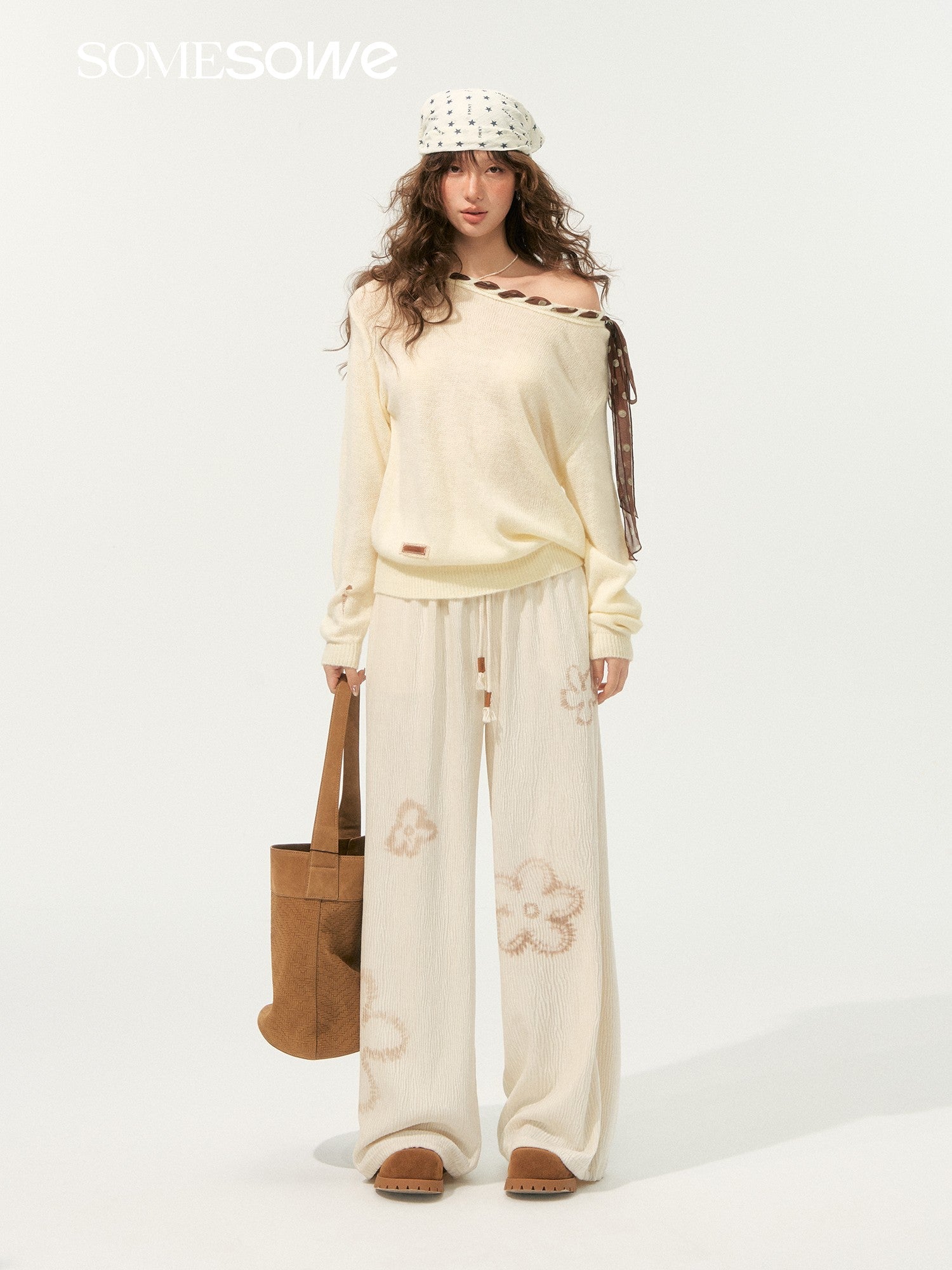 SOMESOWE Floral Pleated Lace - up Casual Pants In Beige | MADAX