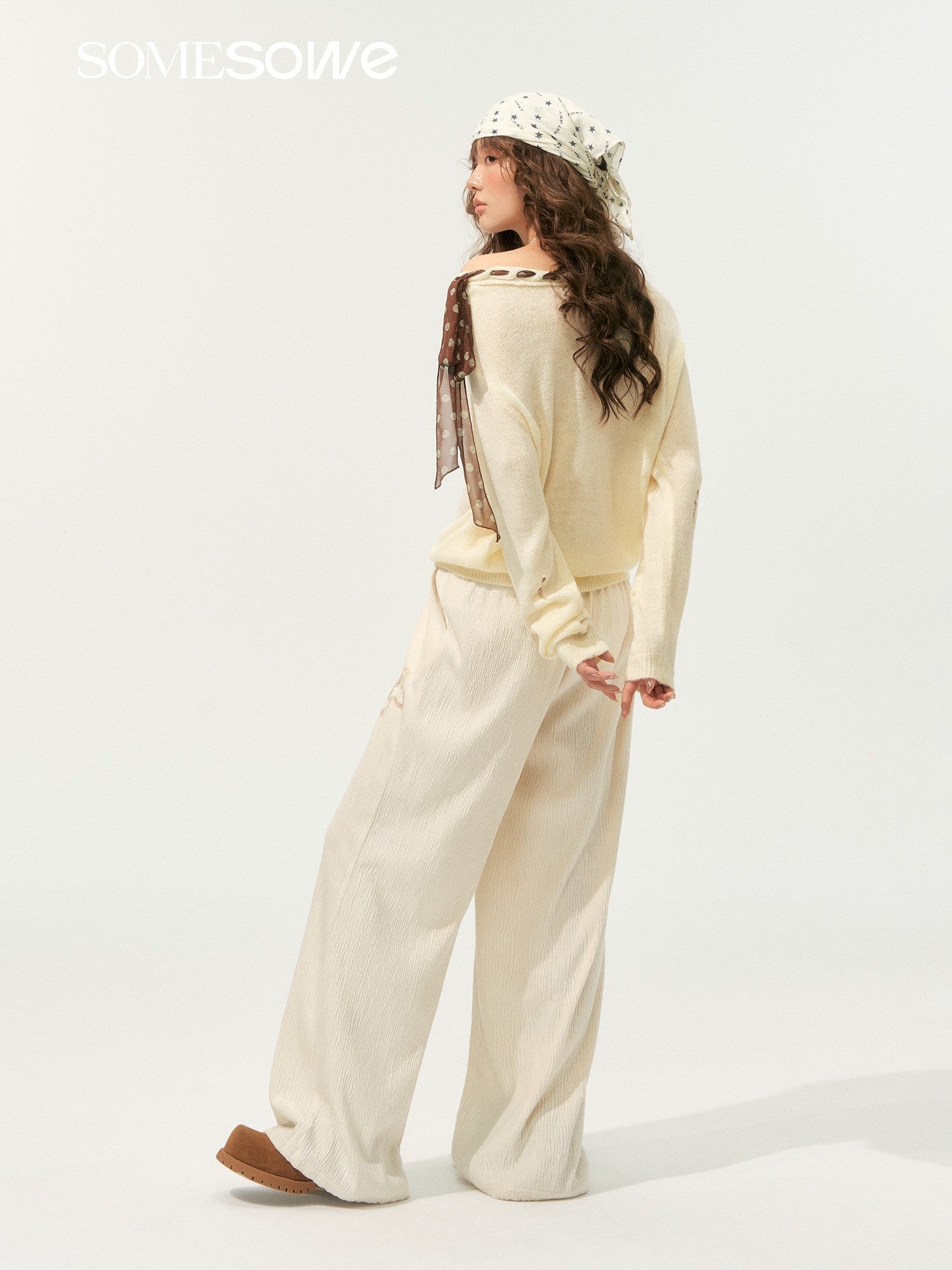 SOMESOWE Floral Pleated Lace - up Casual Pants In Beige | MADAX