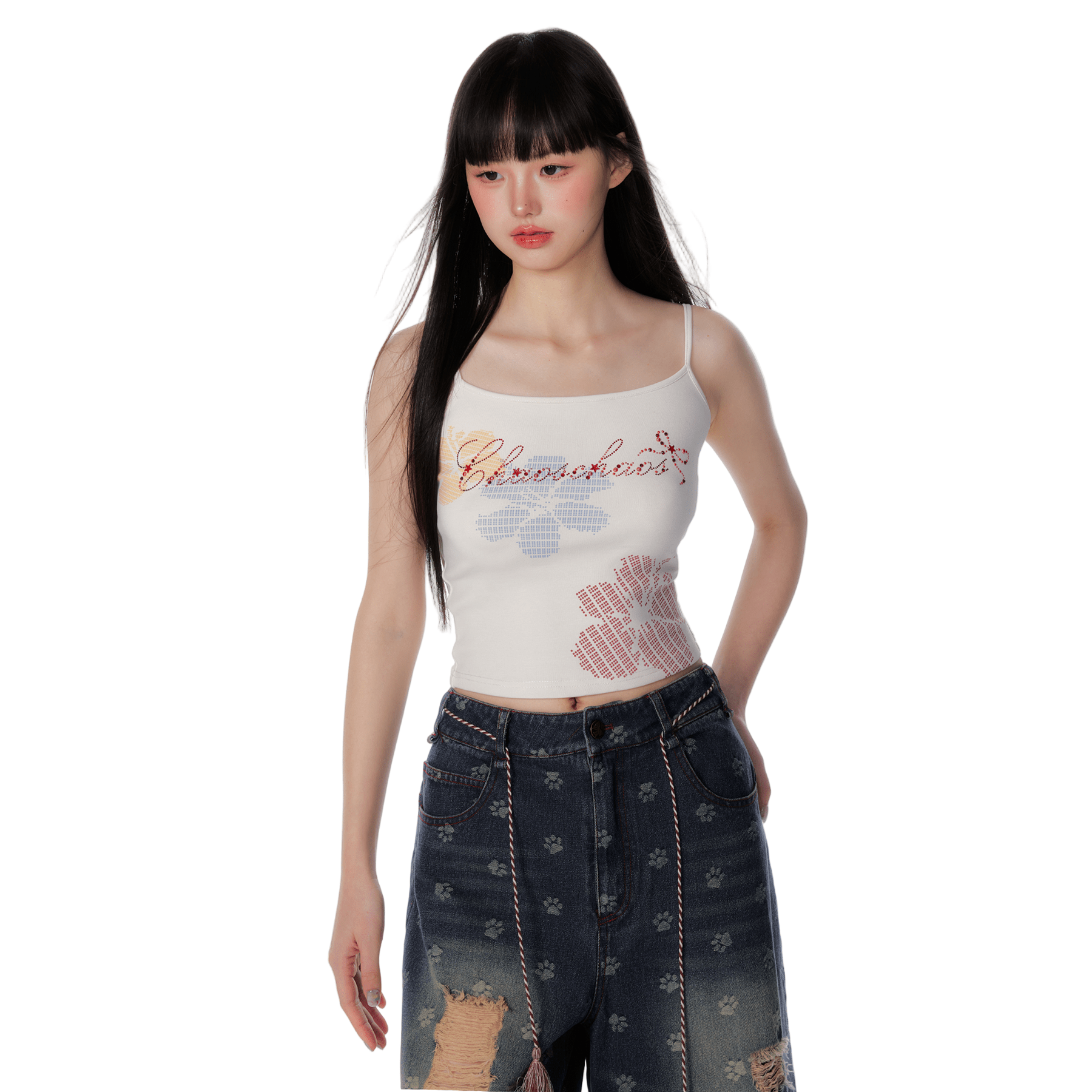 CHAOSCHAOS Floral Print Rhinestone Vest In White | MADAX