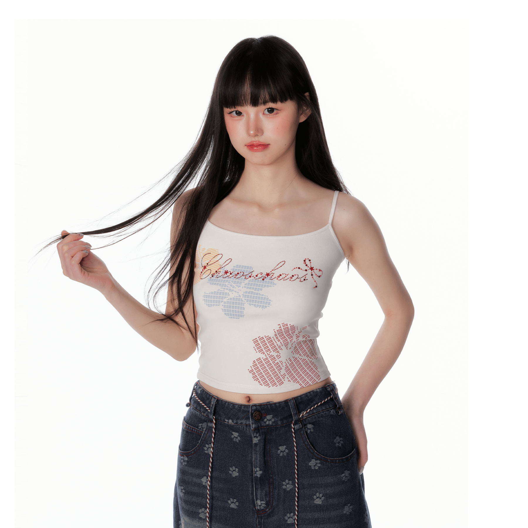 CHAOSCHAOS Floral Print Rhinestone Vest In White | MADAX