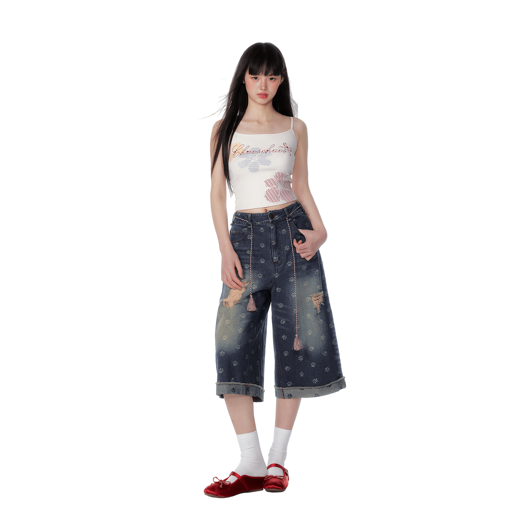 CHAOSCHAOS Floral Print Rhinestone Vest In White | MADAX