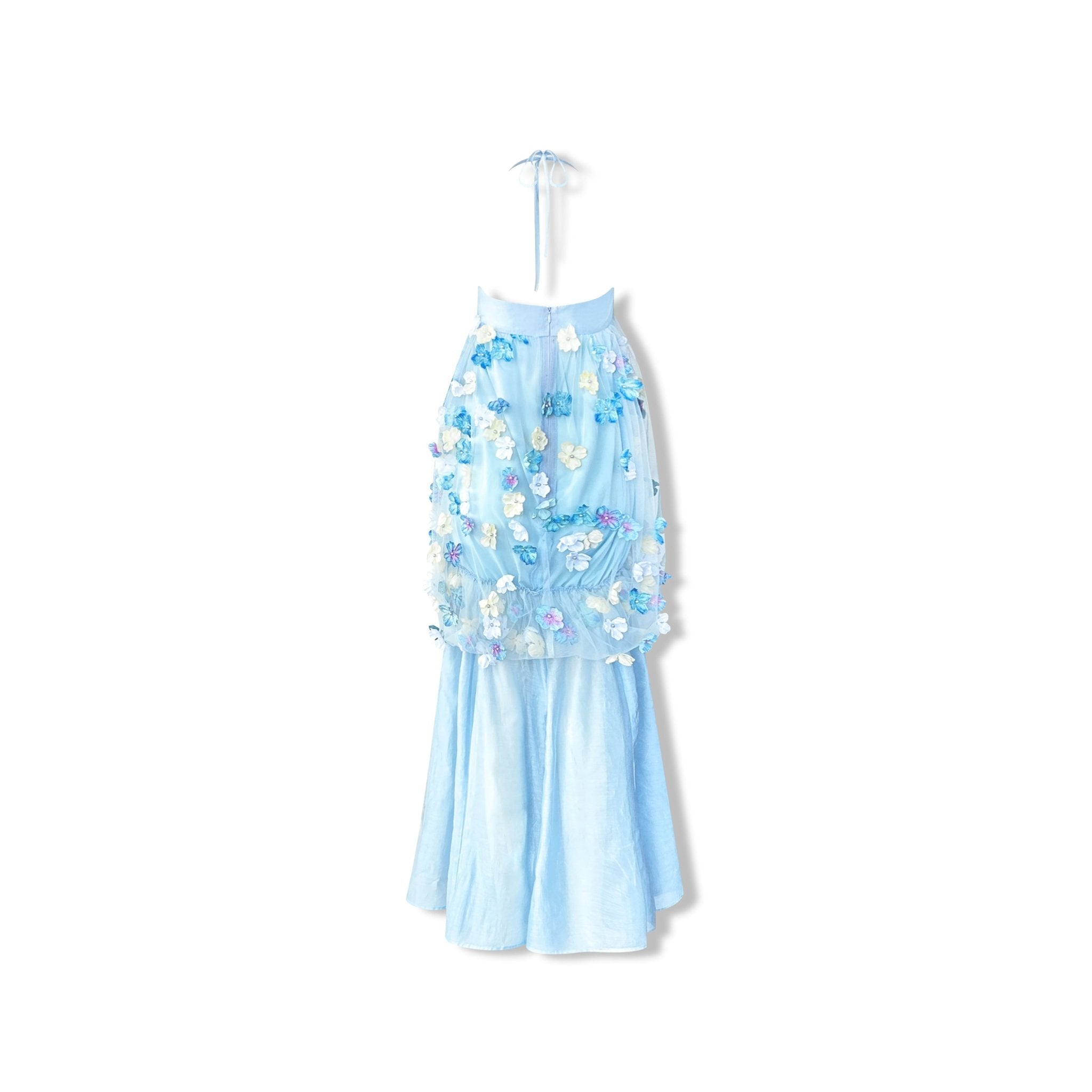 AIMME SPARROW Floral Tulle Halter Dress In Blue | MADAX