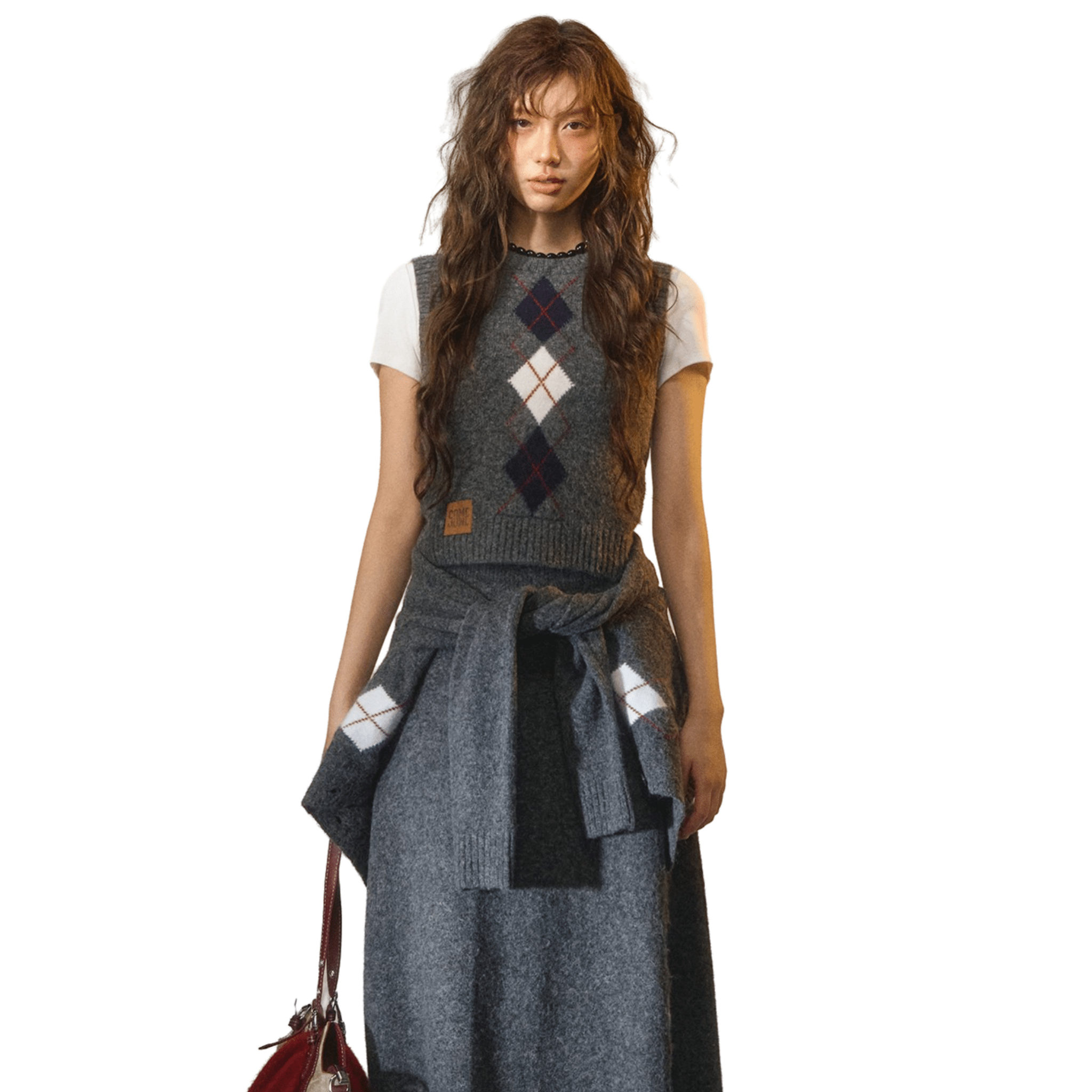 SOMESOWE Floral Velvet Diamond Check Crew Neck Vest in Gray | MADAX