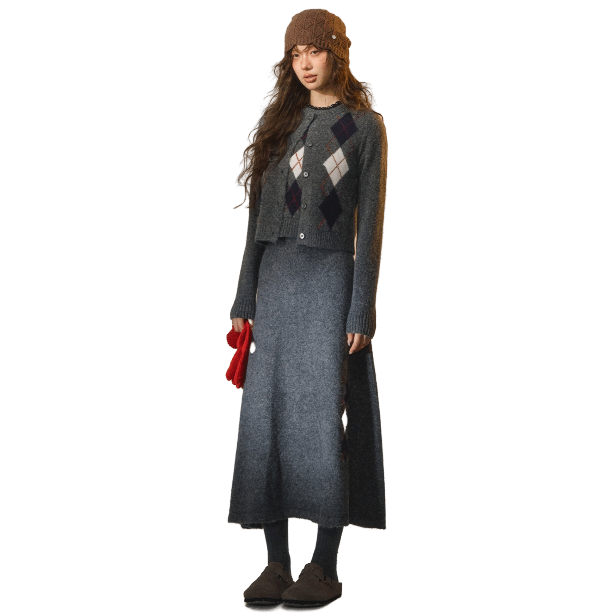 SOMESOWE Floral Velvet Diamond Knitted Long Skirt in Gray | MADAX