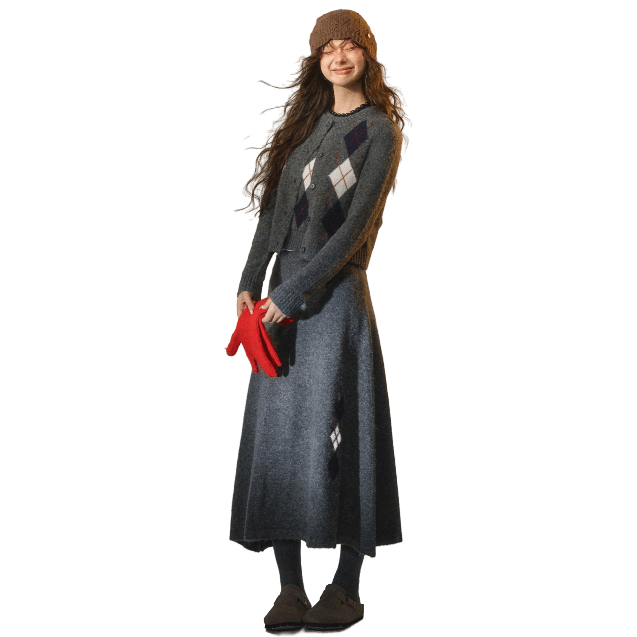 SOMESOWE Floral Velvet Diamond Round Neck Cardigan in Gray | MADAX