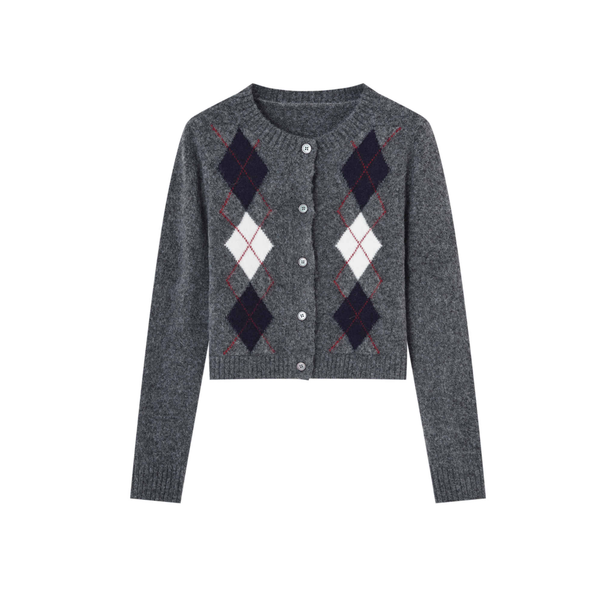 SOMESOWE Floral Velvet Diamond Round Neck Cardigan in Gray | MADAX