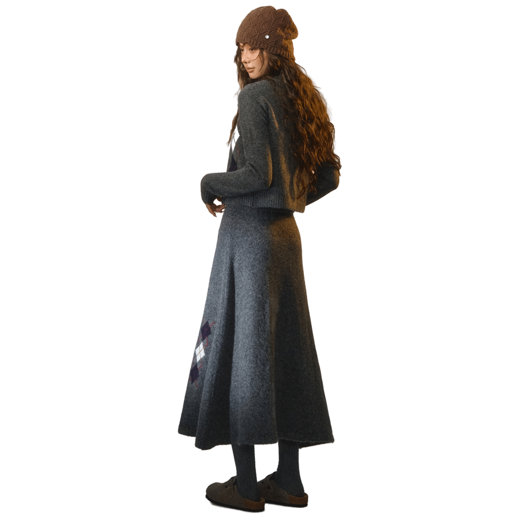 SOMESOWE Floral Velvet Diamond Round Neck Cardigan in Gray | MADAX