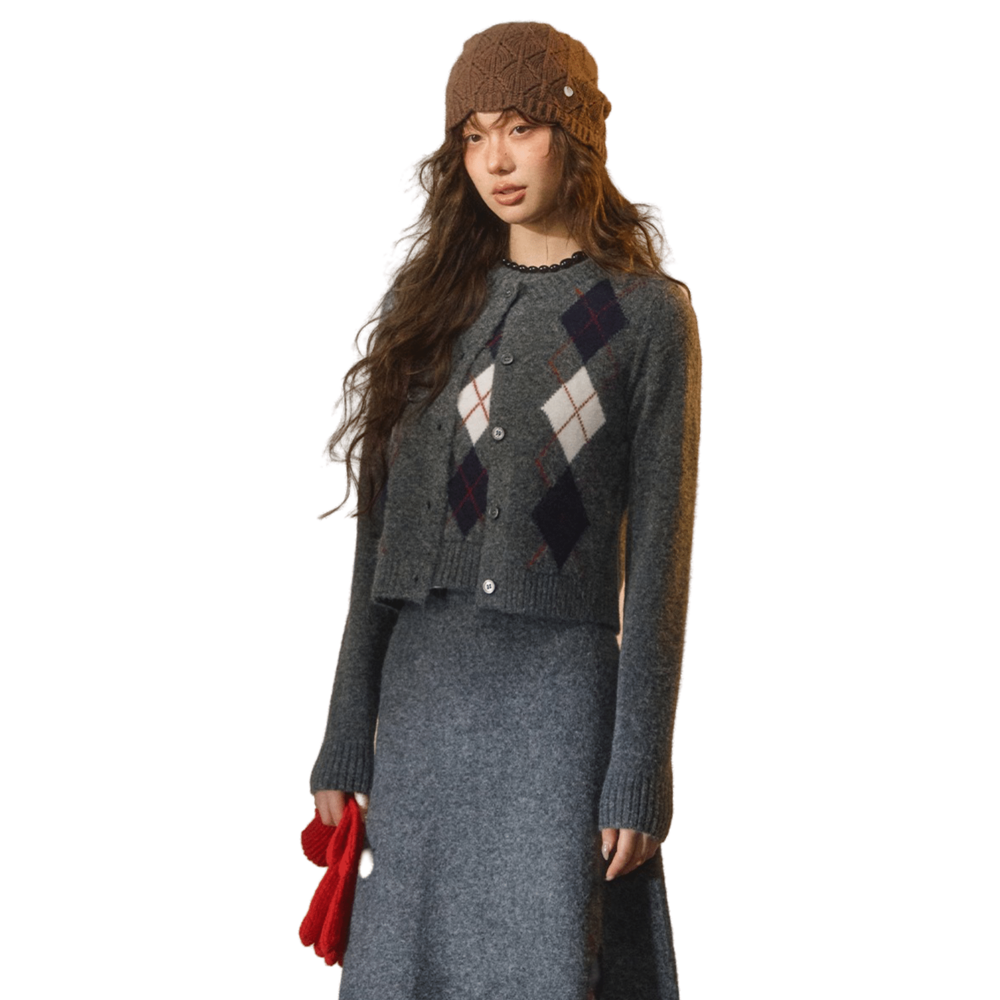 SOMESOWE Floral Velvet Diamond Round Neck Cardigan in Gray | MADAX