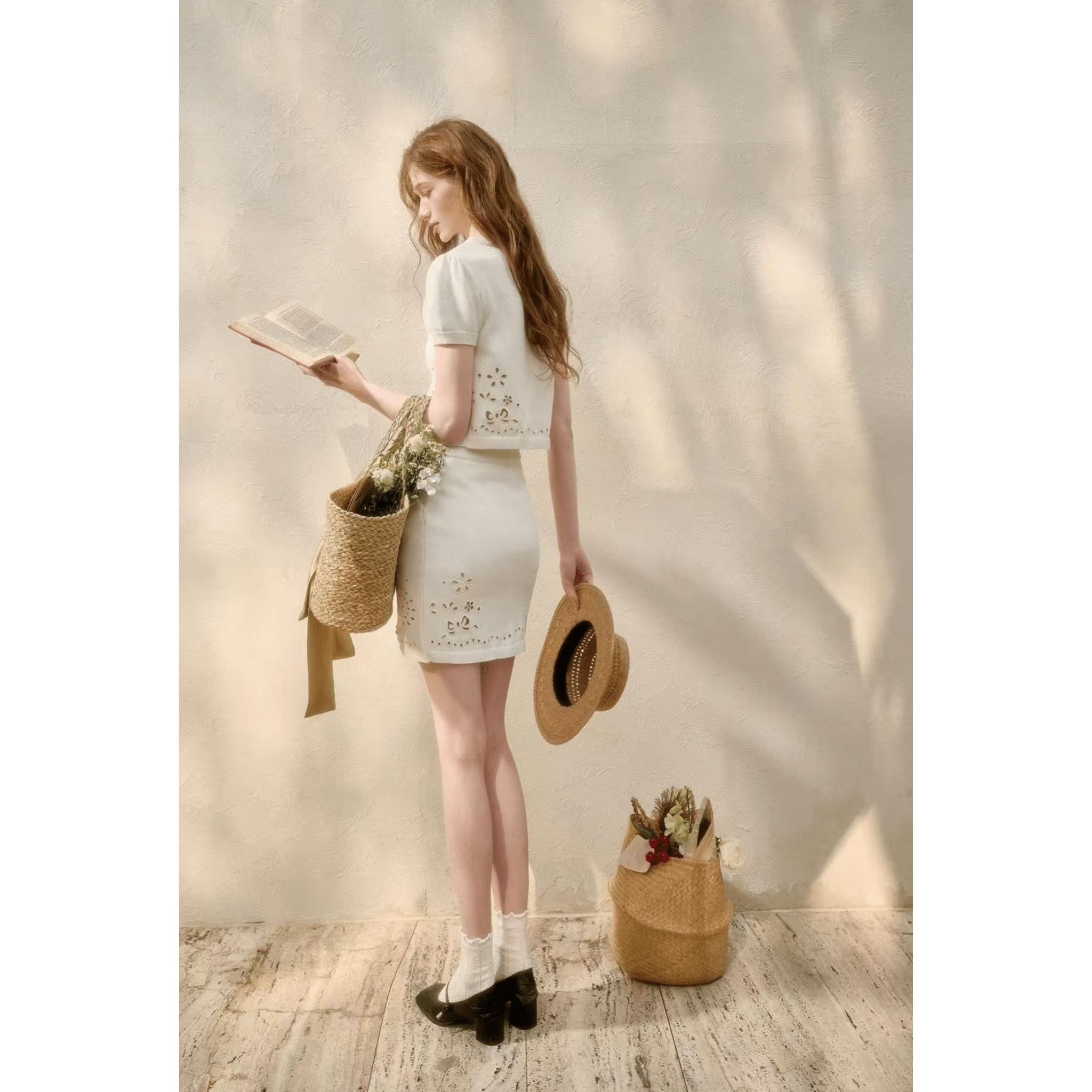 Group of Universe Flower Breathing - White Knitted Midi Skirt | MADAX