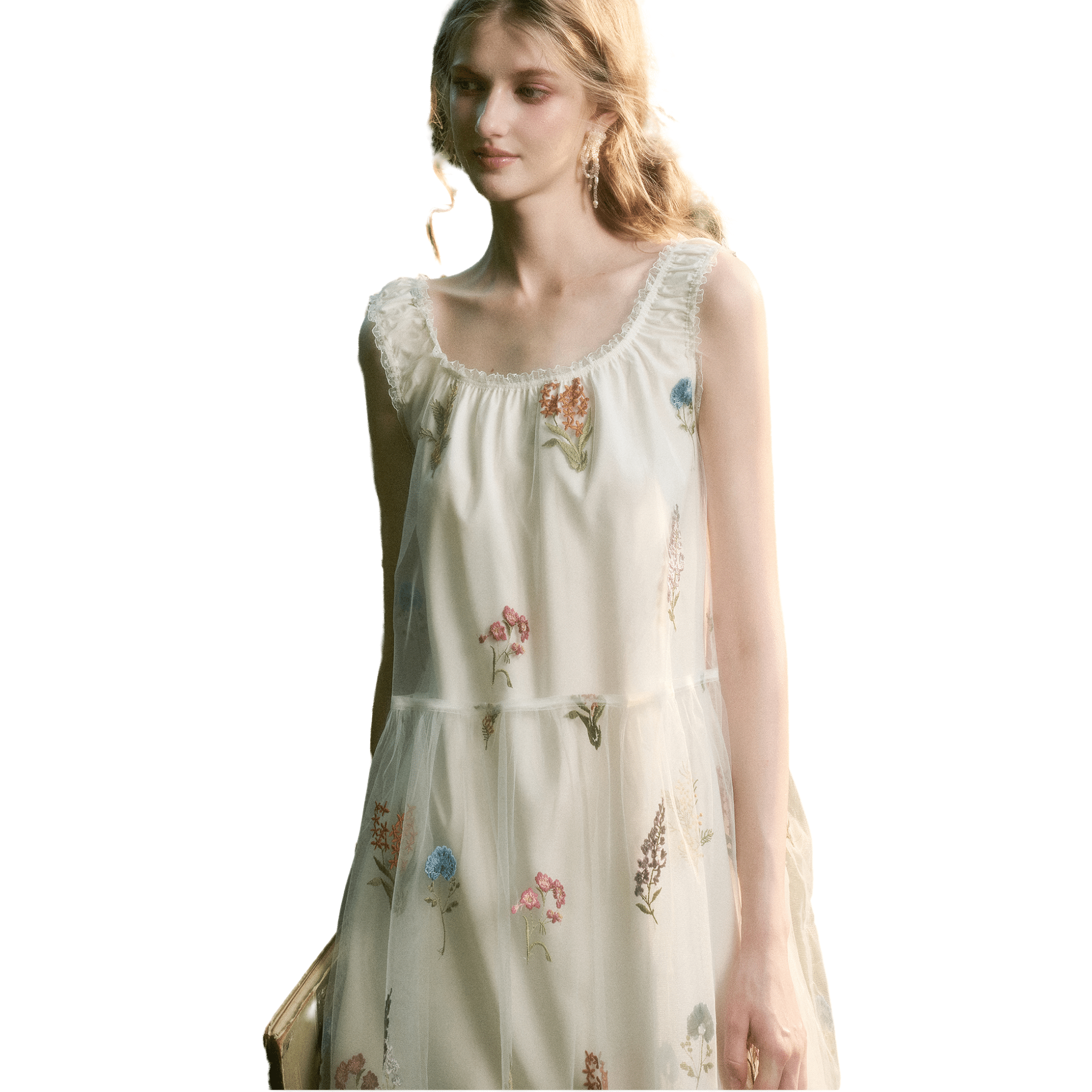 Group of Universe " Flowing Flowers" Tulle Flowers Embroidery Dress in White | MADAX