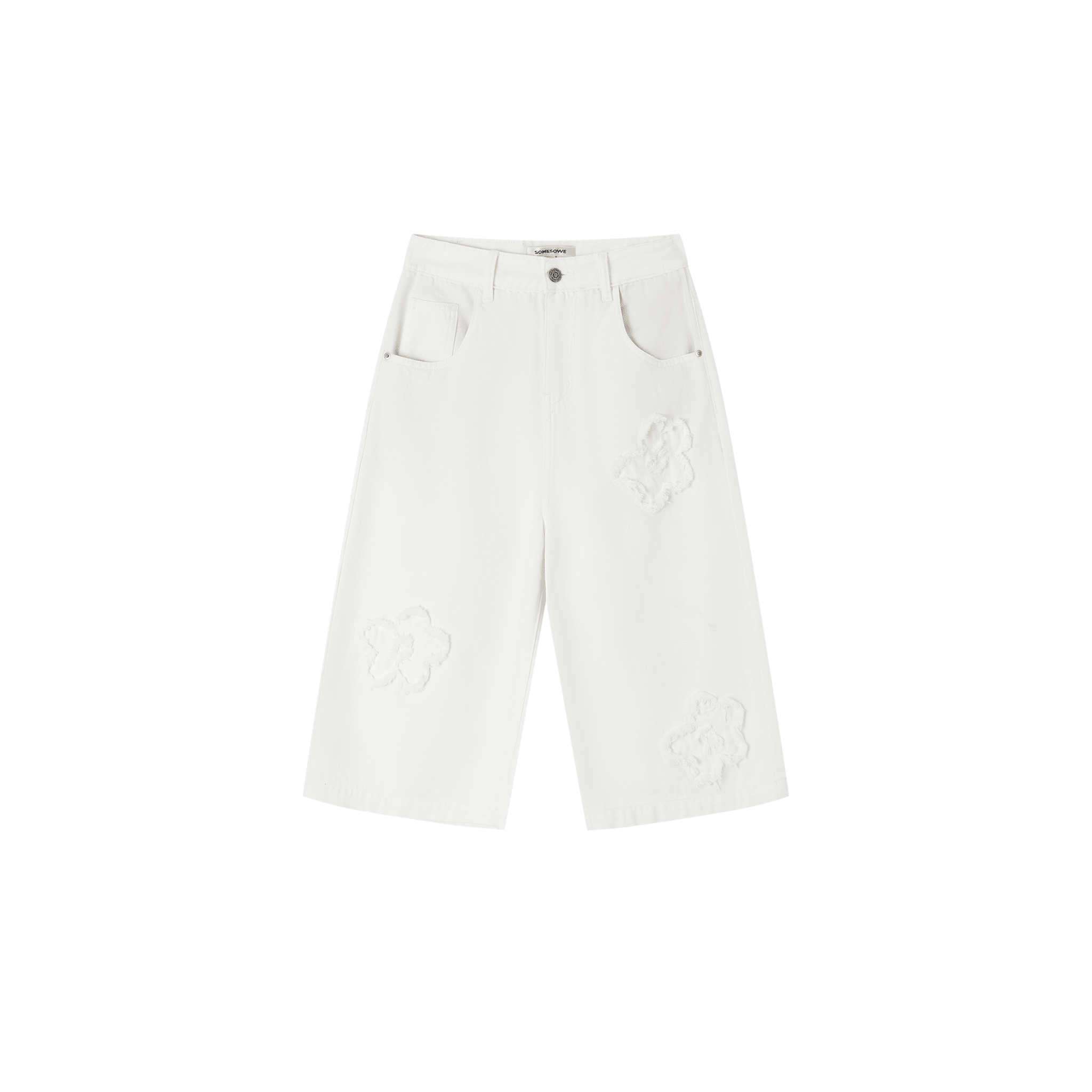 SOMESOWE Frayed floral wide-leg mid-length trousers in White | MADAX