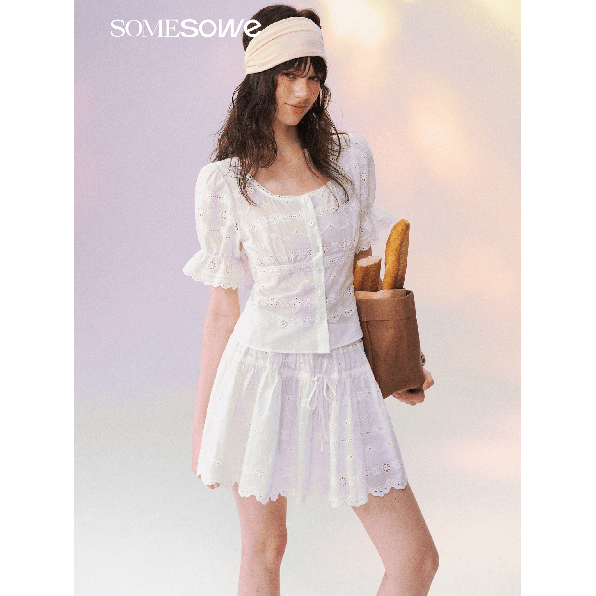 SOMESOWE French-style Openwork Embroidered Girl‘s Puffy Short Skirt in White | MADAX