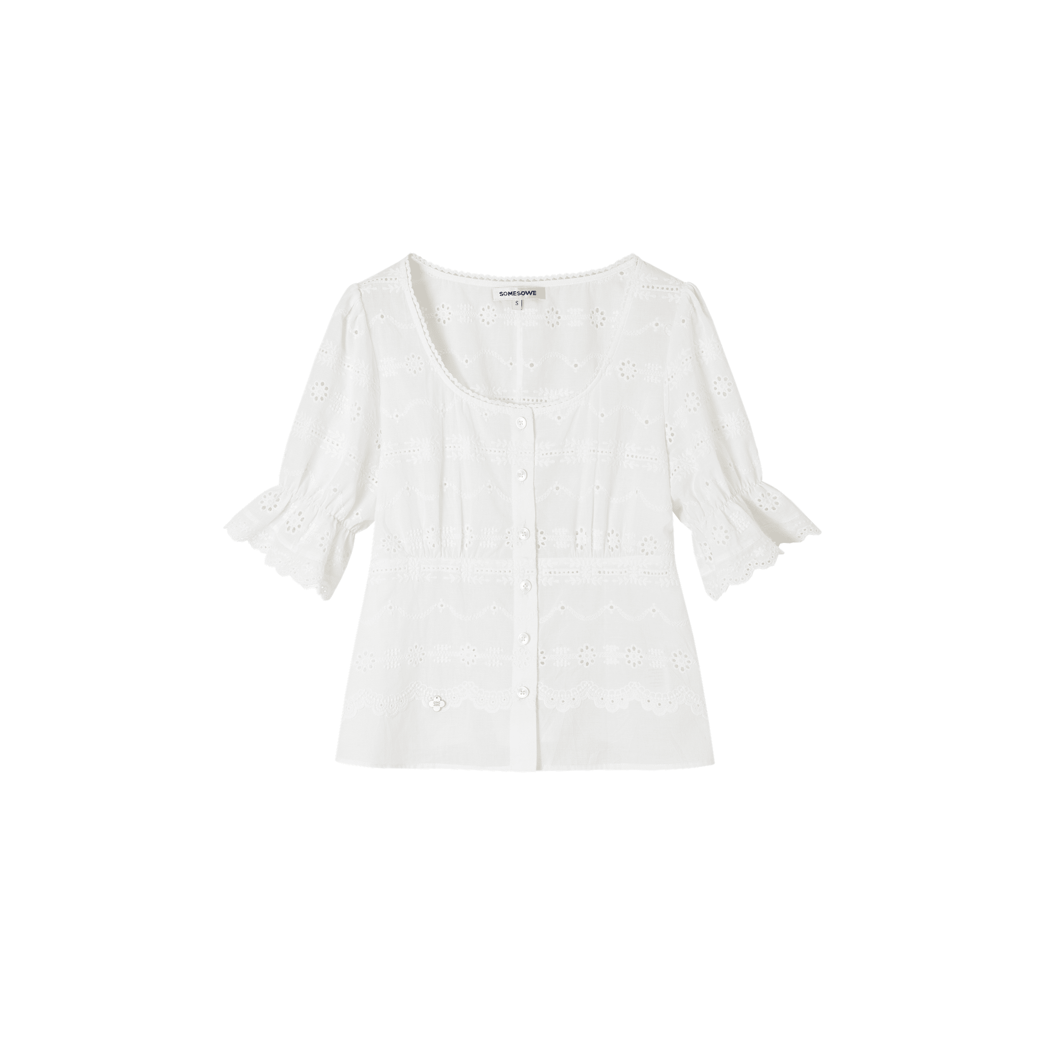 SOMESOWE French-style Openwork Embroidered Square Neck Fitted Waist Top in White | MADAX