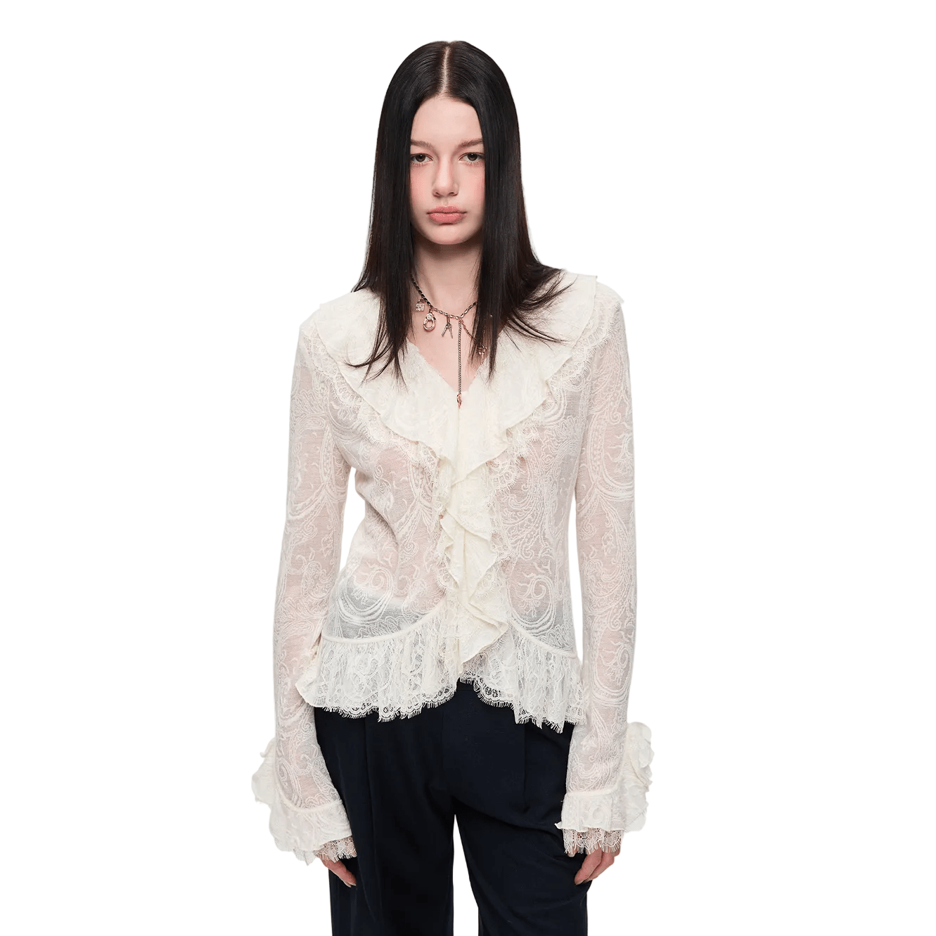Alexia Sandra French - style Ruffled Lace Top In White | MADAX