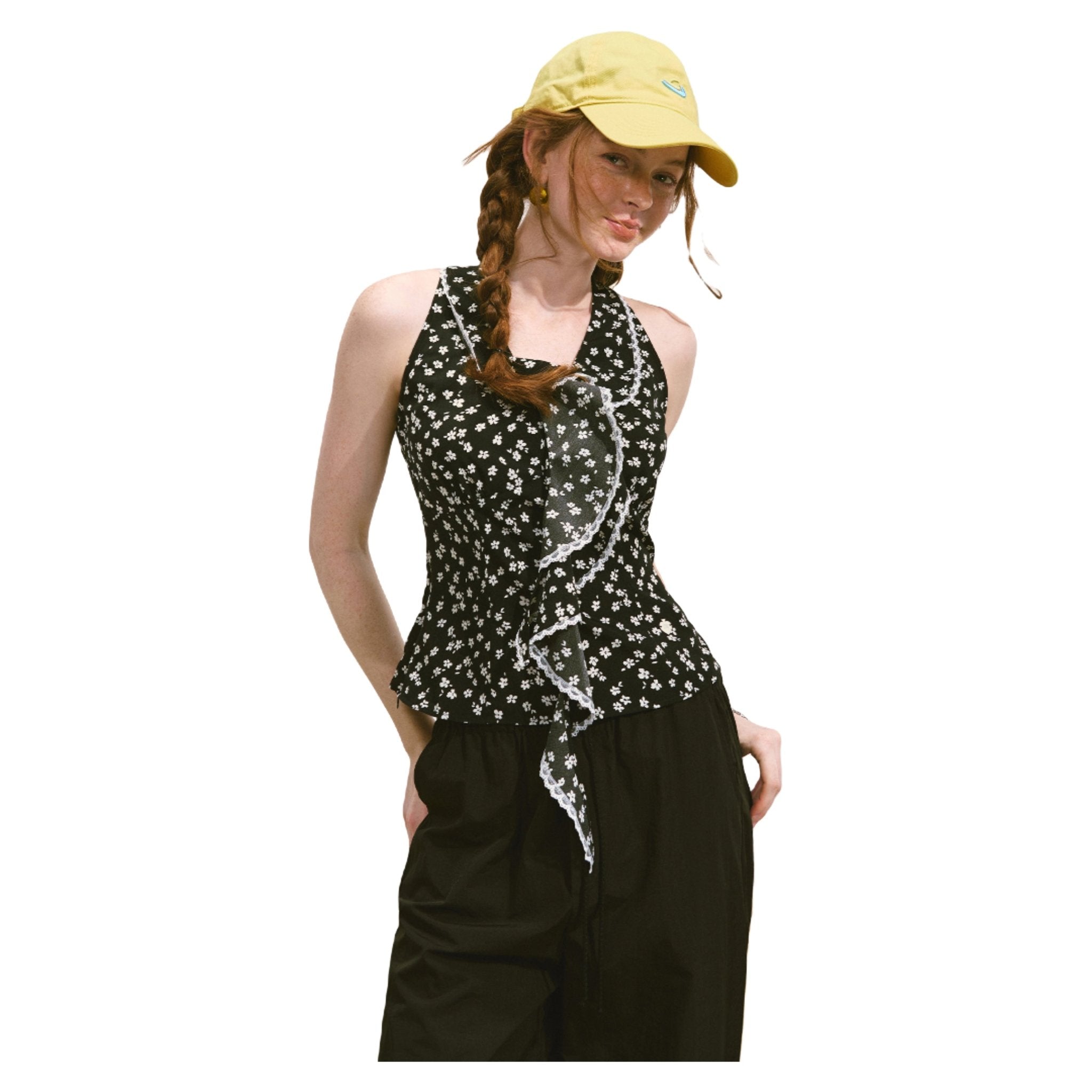 SOMESOWE French V - neck Lace Halterneck Top In Black | MADAX