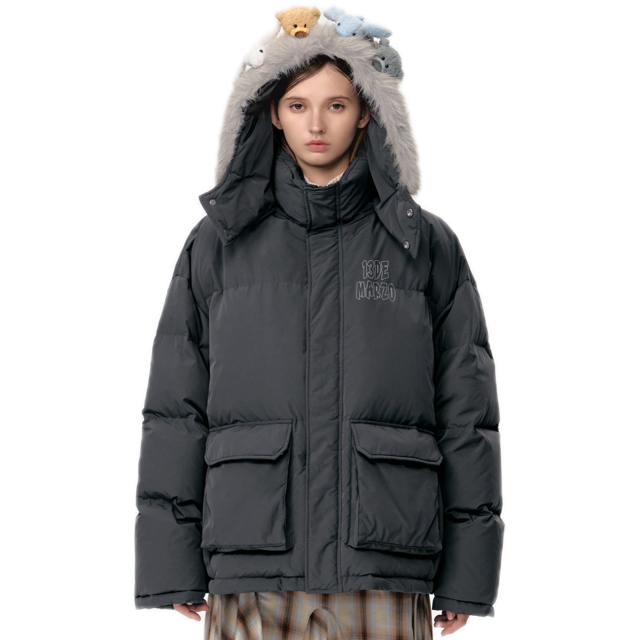 13DE MARZO Friends Hangout Down Jacket In Dark Gray | MADAX