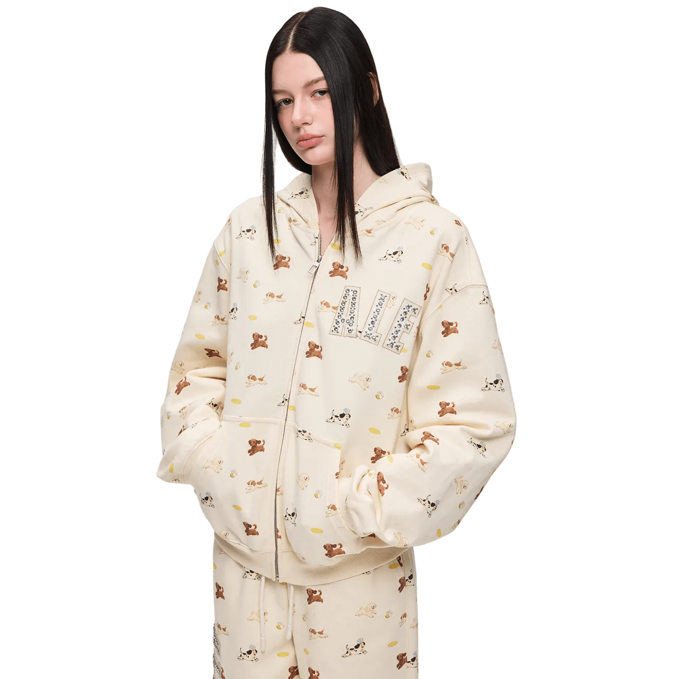 Alexia Sandra Frisbee Puppy Hoodie Zip - up Sweatshirt In Beige | MADAX