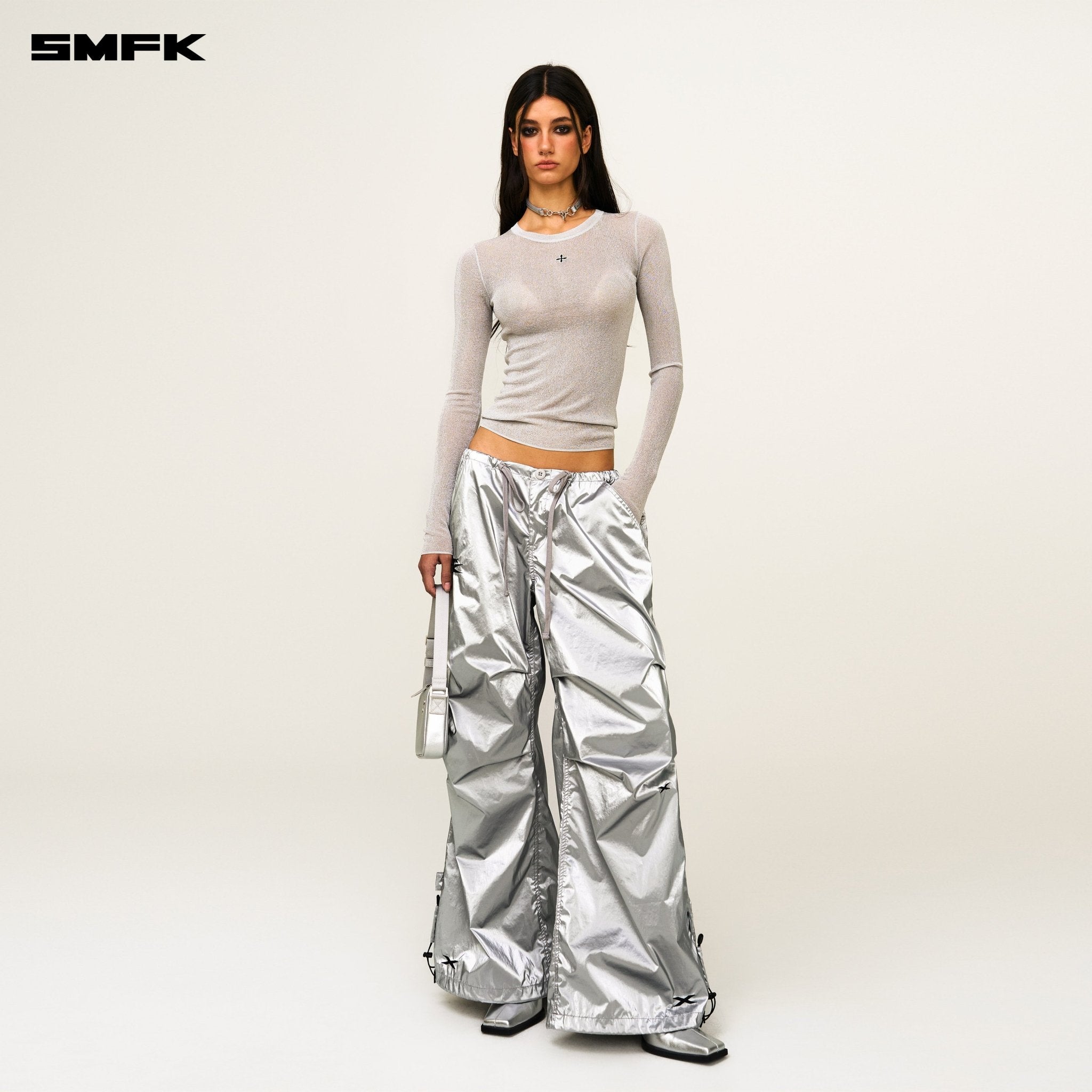 SMFK Future Mirage Interstellar Tech Wide Leg Pants In Silver | MADAX