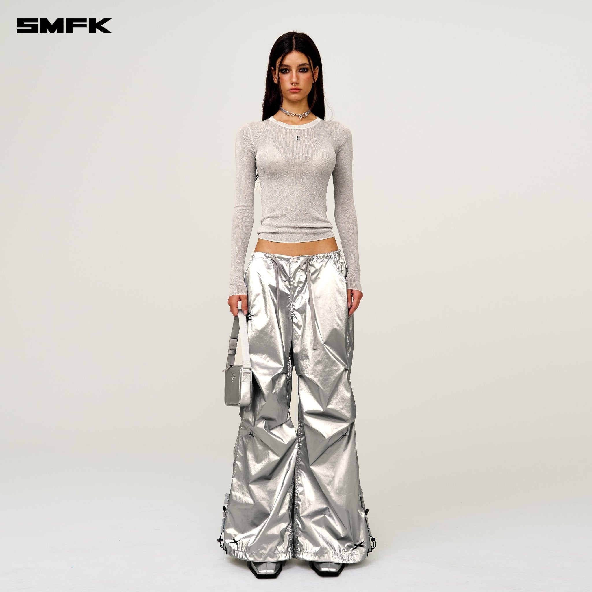 SMFK Future Mirage Interstellar Tech Wide Leg Pants In Silver | MADAX