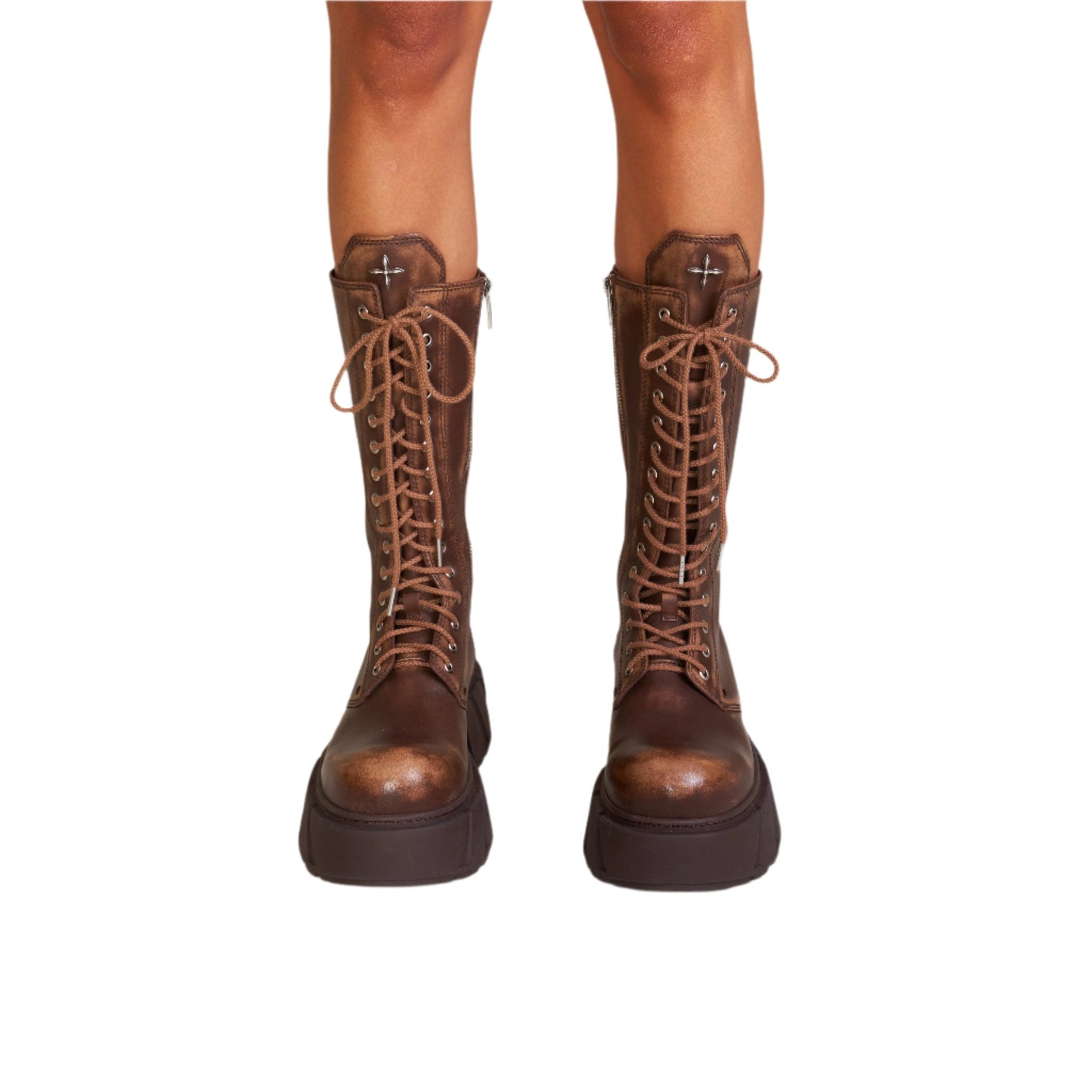 SMFK Future Mirage Leather Rider High Boots In Brown Patina | MADAX