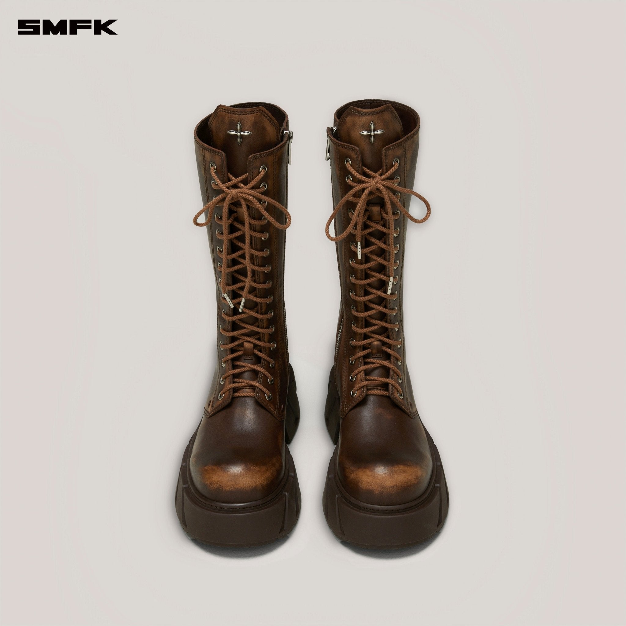 SMFK Future Mirage Leather Rider High Boots In Brown Patina | MADAX