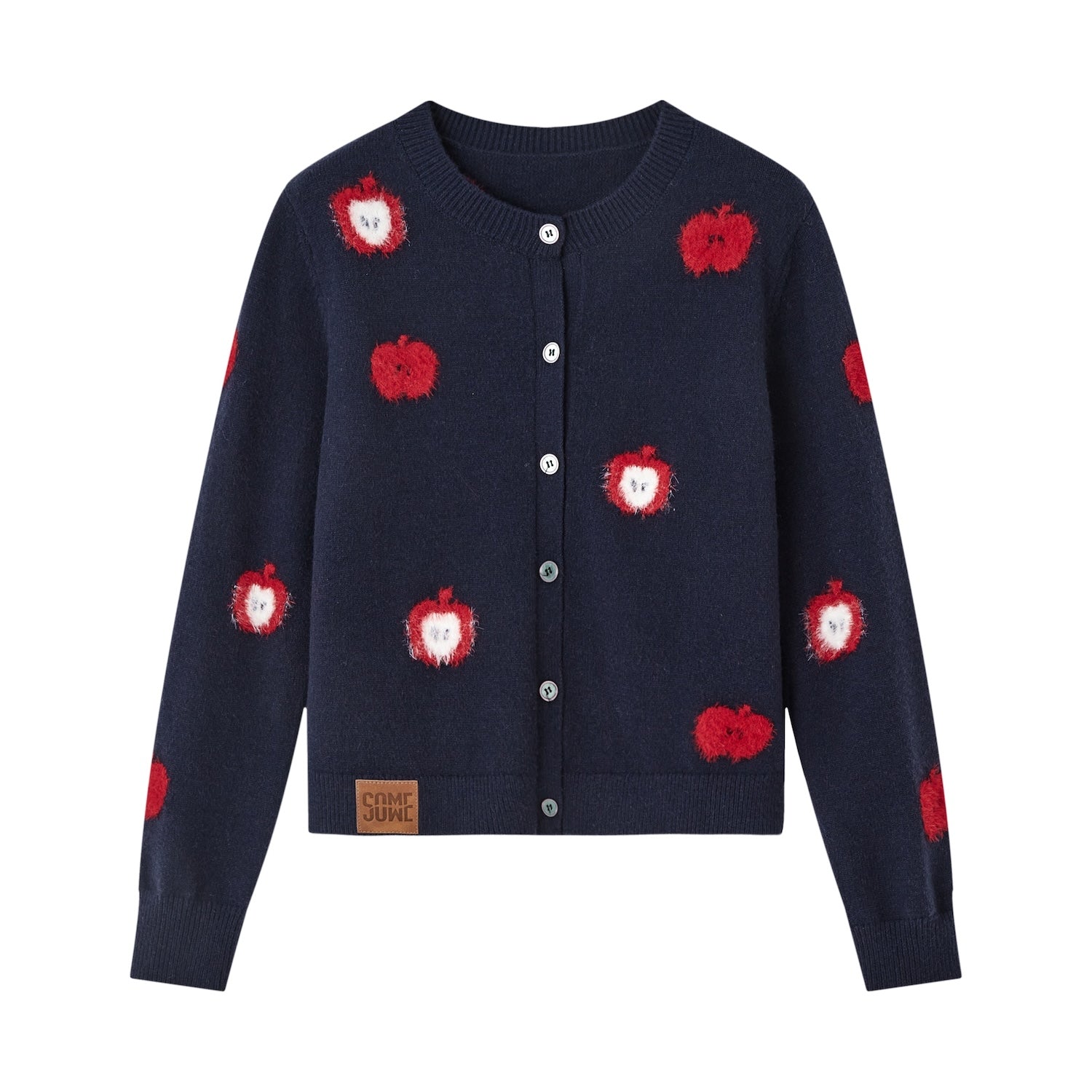 SOMESOWE Fuzzy Apple Jacquard Knit Cardigan In Navy Blue | MADAX