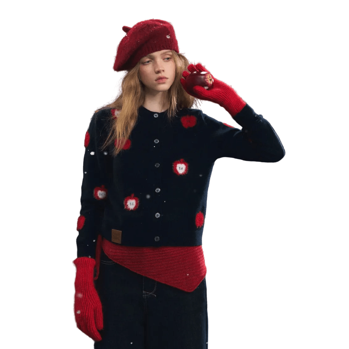 SOMESOWE Fuzzy Apple Jacquard Knit Cardigan In Navy Blue | MADAX