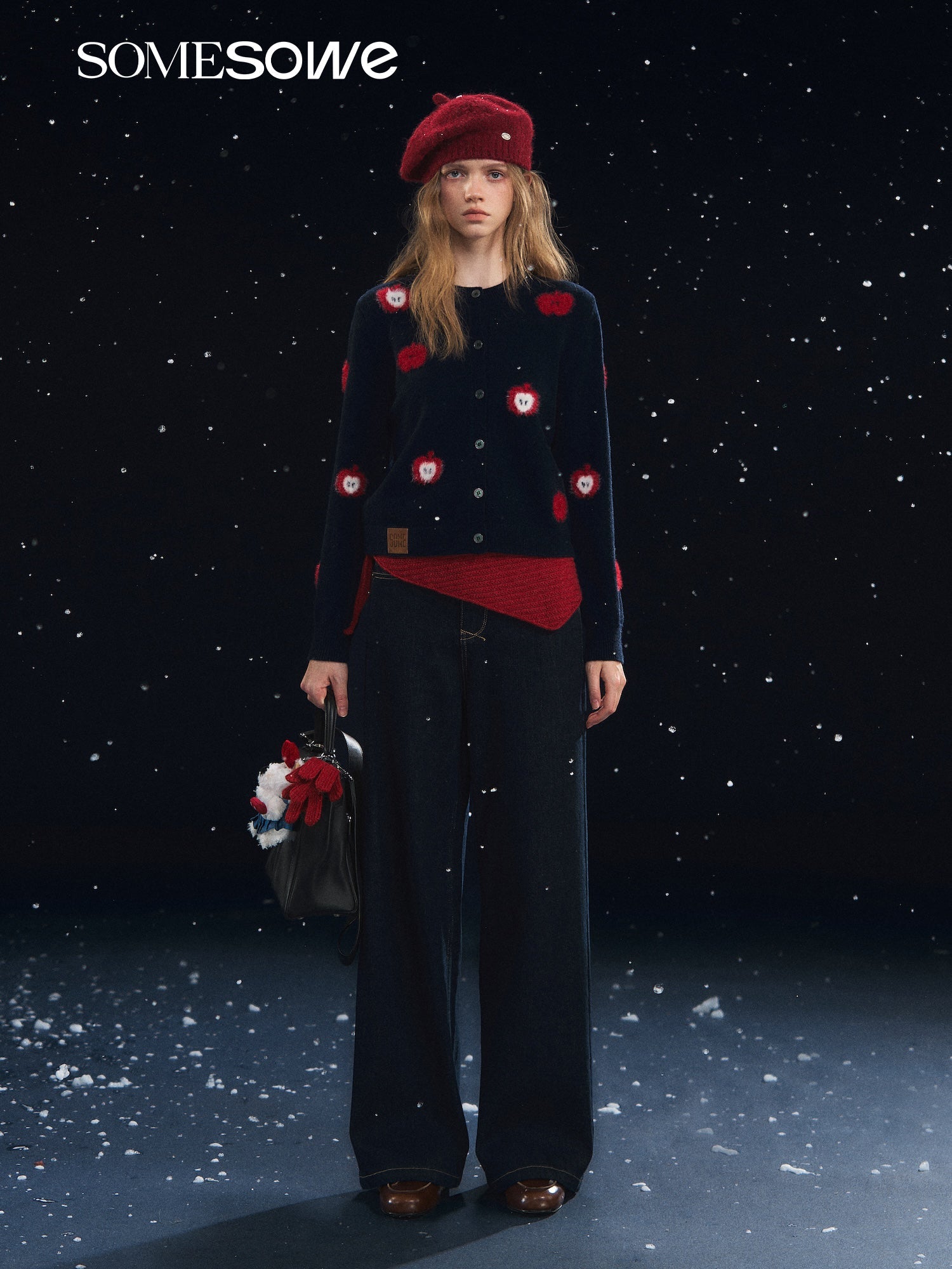 SOMESOWE Fuzzy Apple Jacquard Knit Cardigan In Navy Blue | MADAX