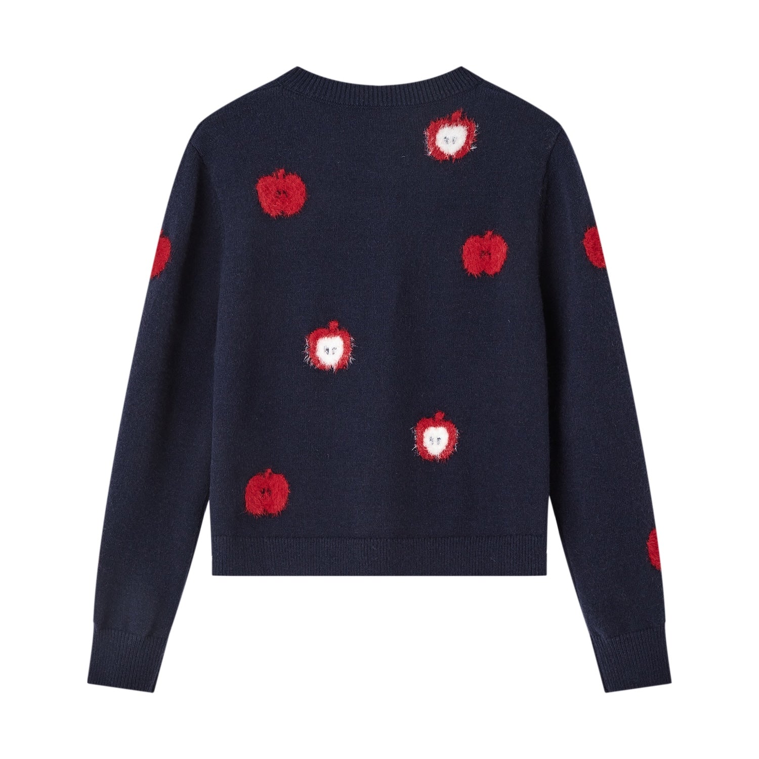 SOMESOWE Fuzzy Apple Jacquard Knit Cardigan In Navy Blue | MADAX