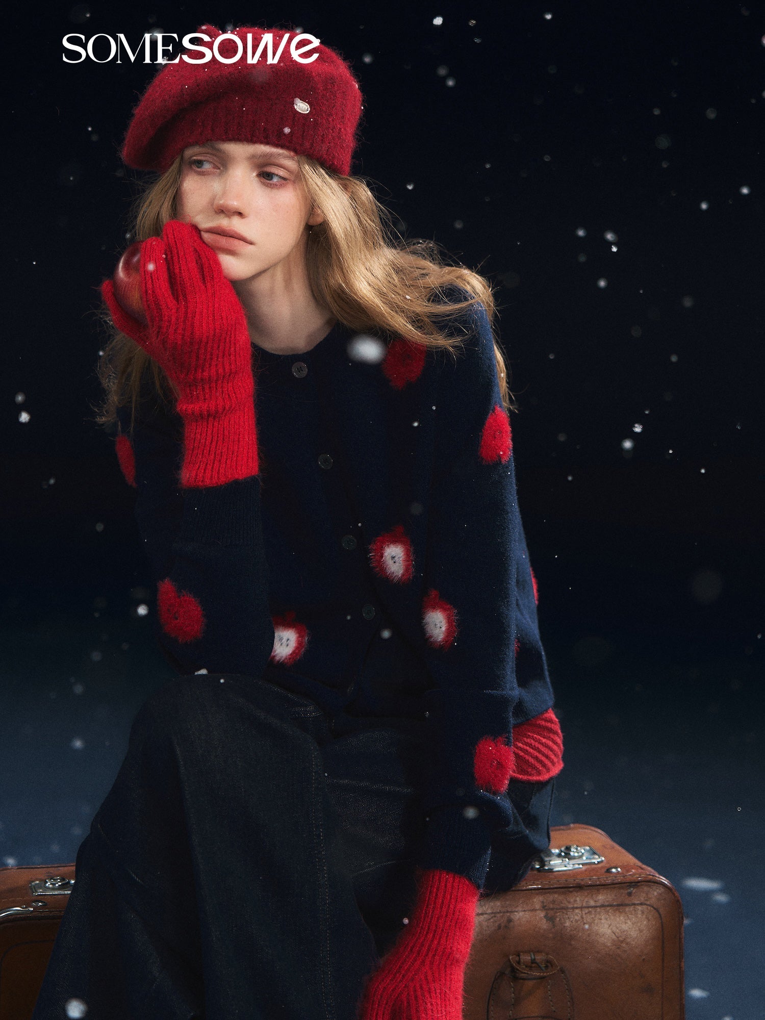 SOMESOWE Fuzzy Apple Jacquard Knit Cardigan In Navy Blue | MADAX