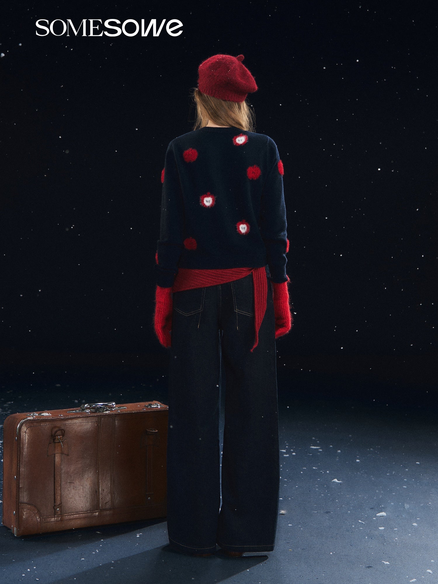 SOMESOWE Fuzzy Apple Jacquard Knit Cardigan In Navy Blue | MADAX